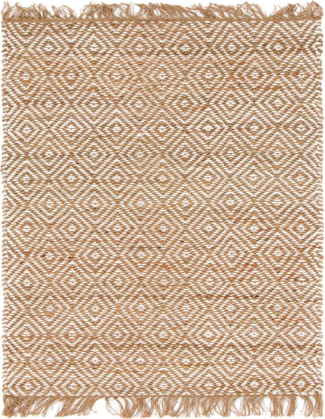 A 3x5 rectangular Braided Jute rug with a natural brown and ivory diamond pattern and fringed edges.