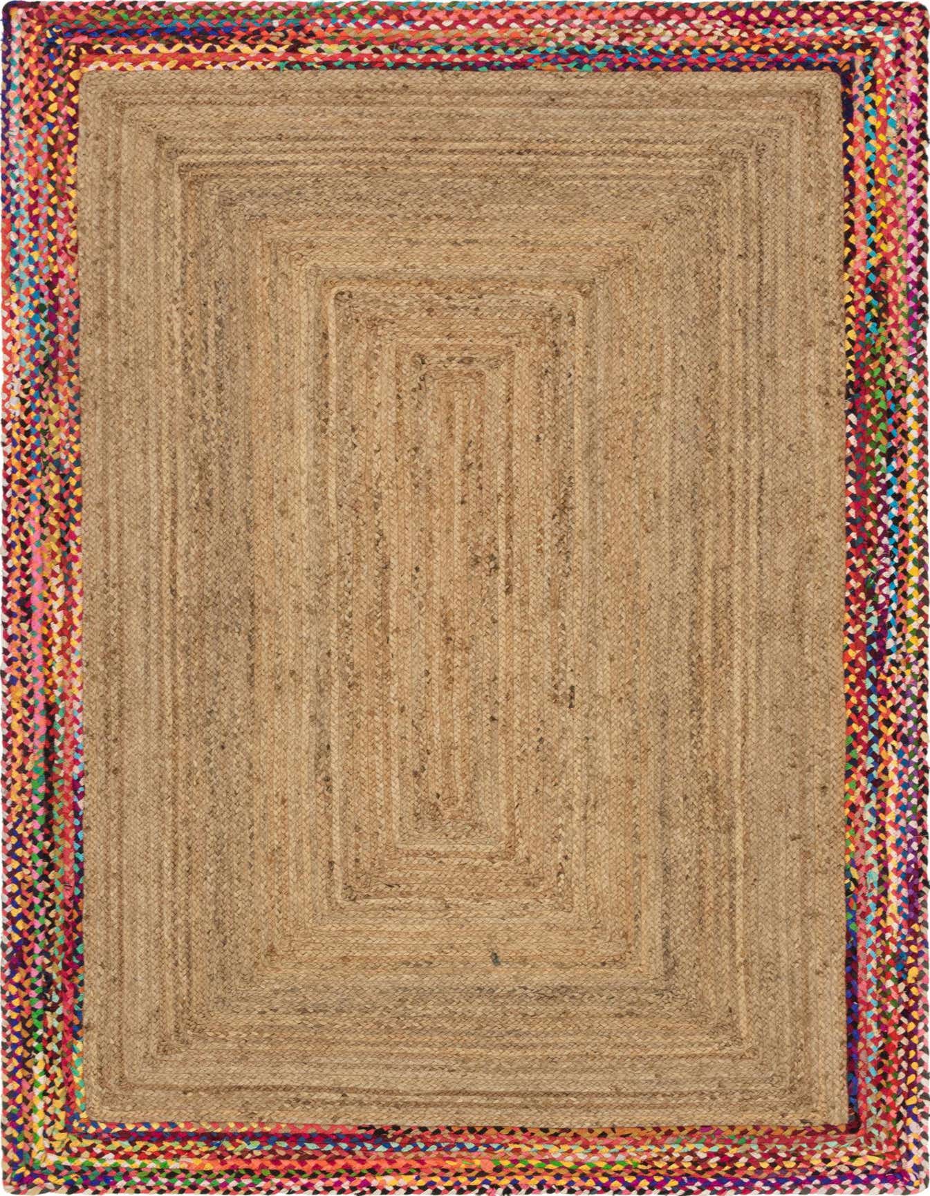 A 6x9 rectangular natural jute rug with a braided texture and a vibrant, multicolored cotton border, perfect for a living room.