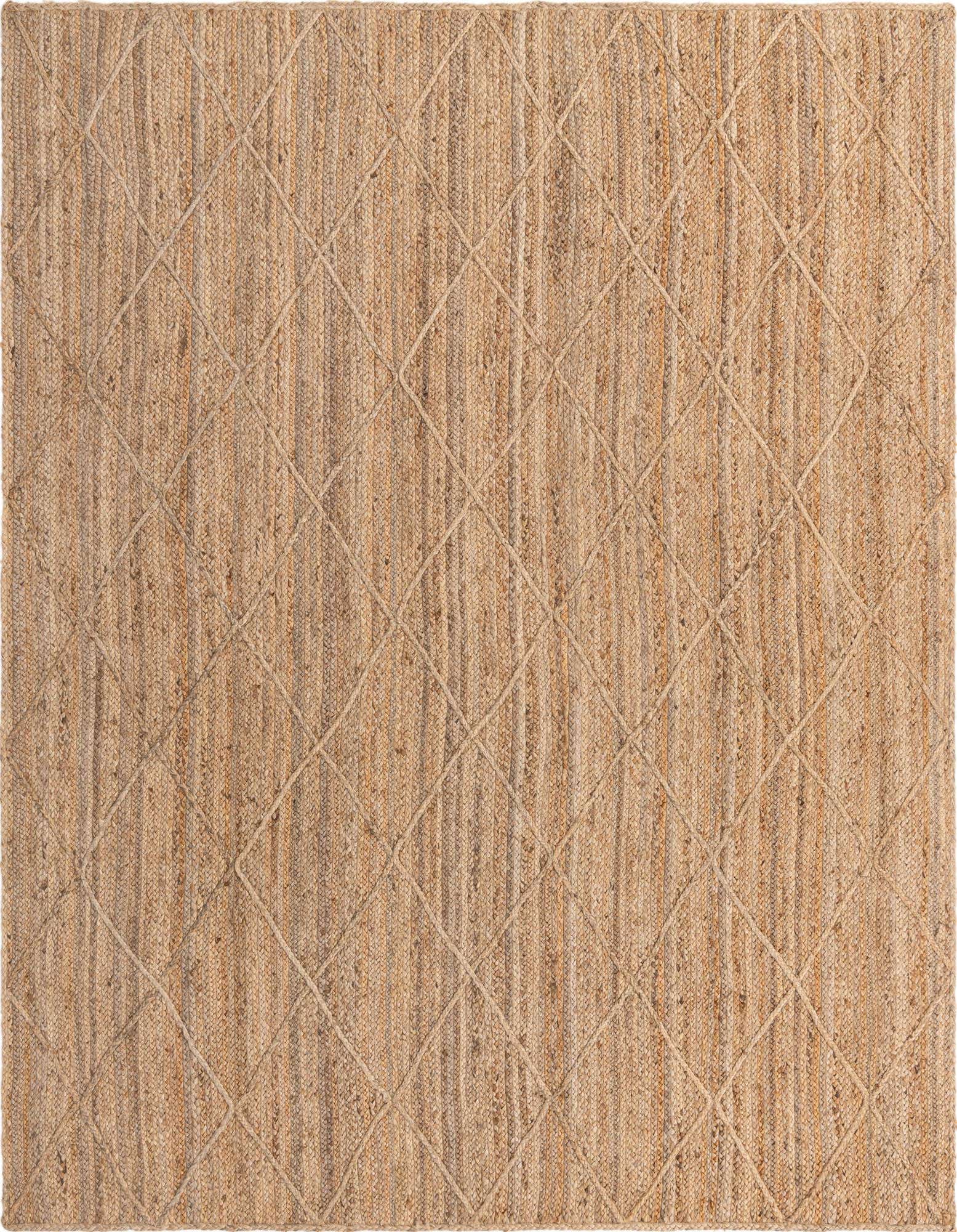 An 8x11 rectangular natural jute rug with braided texture and a subtle diamond pattern, suitable for a living room.