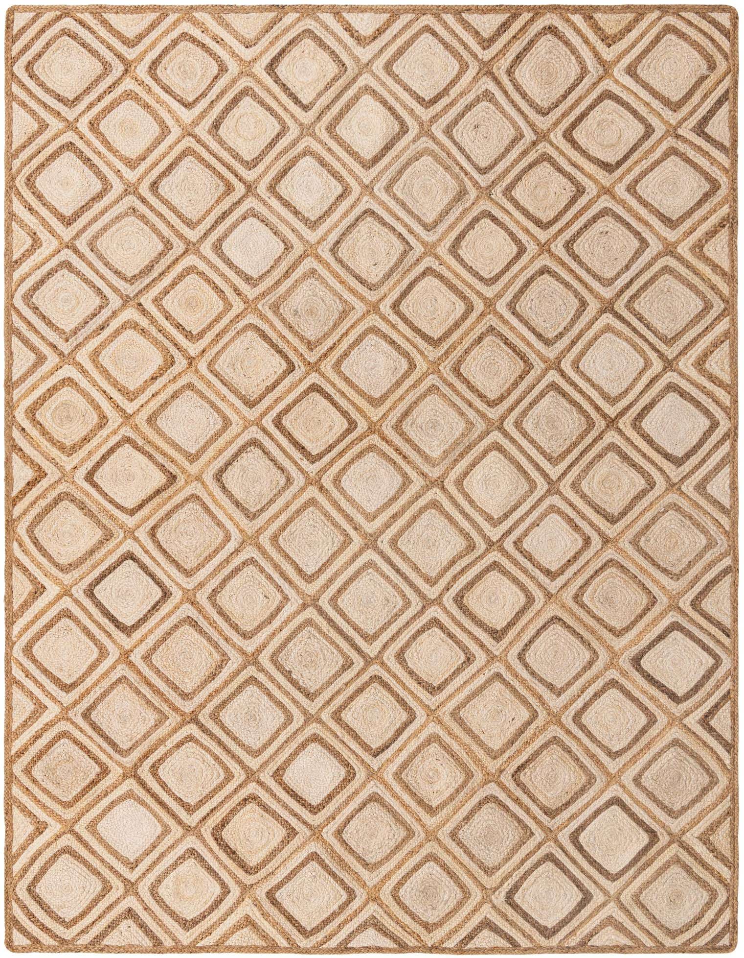 A 9x12 rectangular natural jute rug featuring a repeating diamond trellis pattern in varying shades of brown and tan.