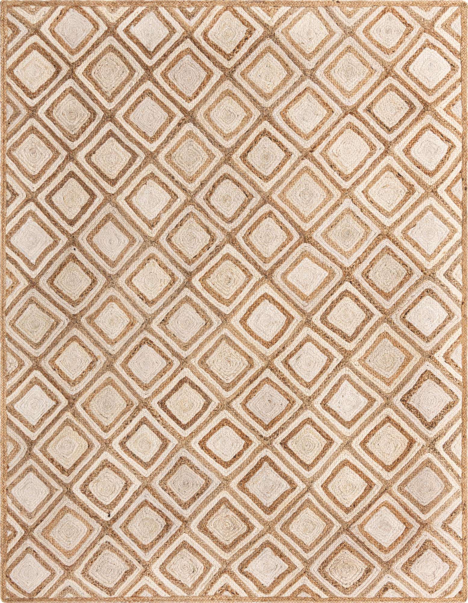 An 8x10 rectangular jute rug featuring a repeating diamond trellis pattern in natural brown and ivory tones.