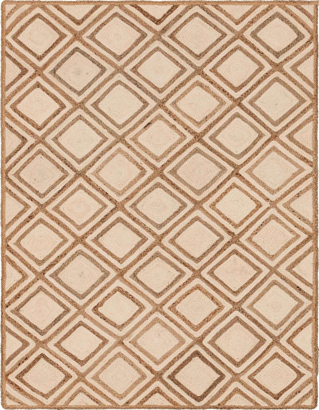 A 6x9 rectangular Braided Jute rug with a minimalist trellis pattern in natural brown and cream tones.