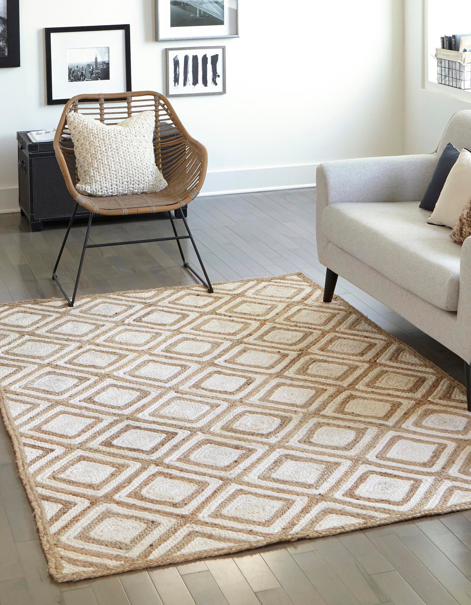 A 3x5 rectangular braided jute rug featuring a natural brown and ivory trellis pattern, perfect for a living room or bedroom.