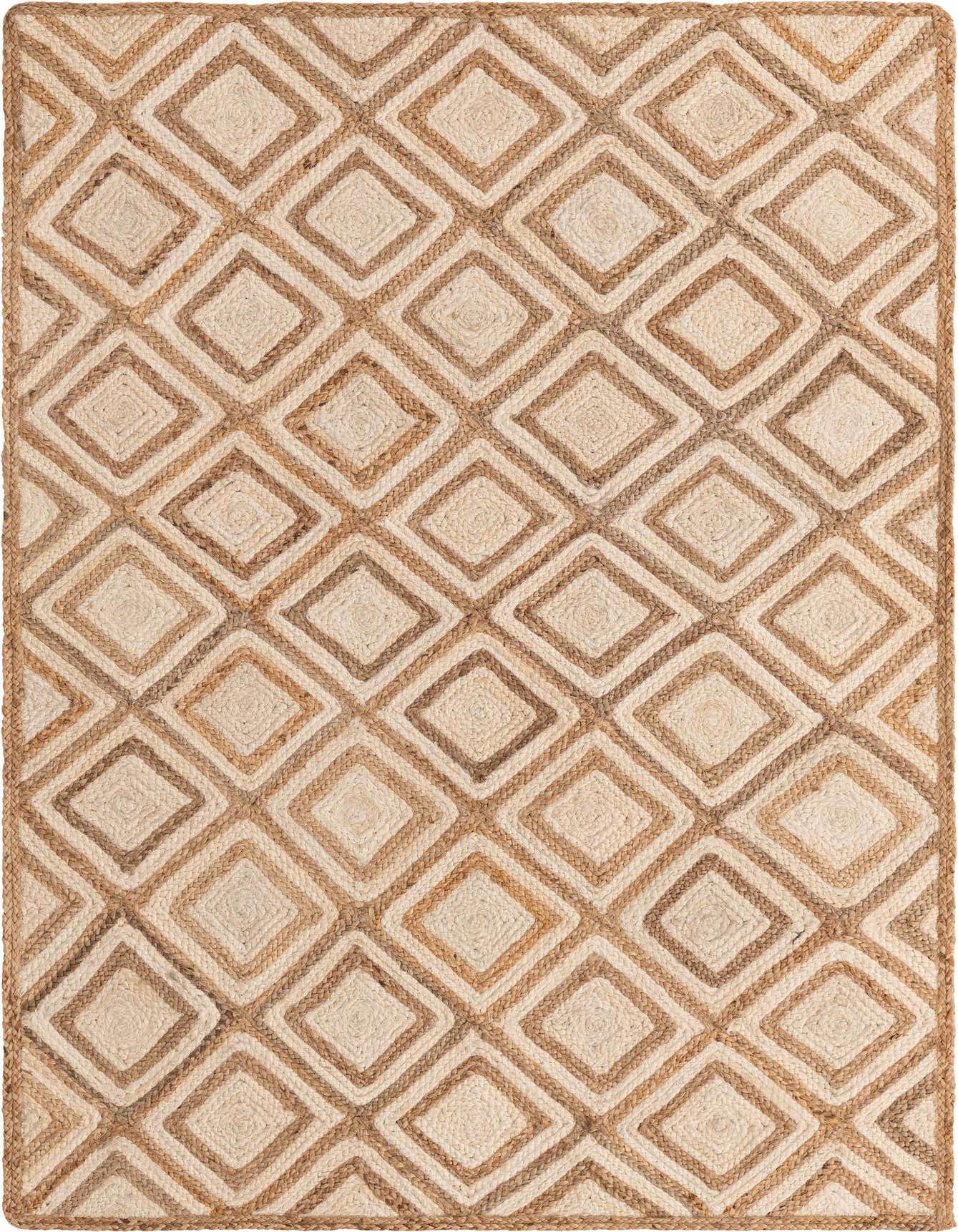 A 5x8 rectangular Braided Jute rug featuring a natural brown and ivory trellis diamond pattern, ideal for a living room.