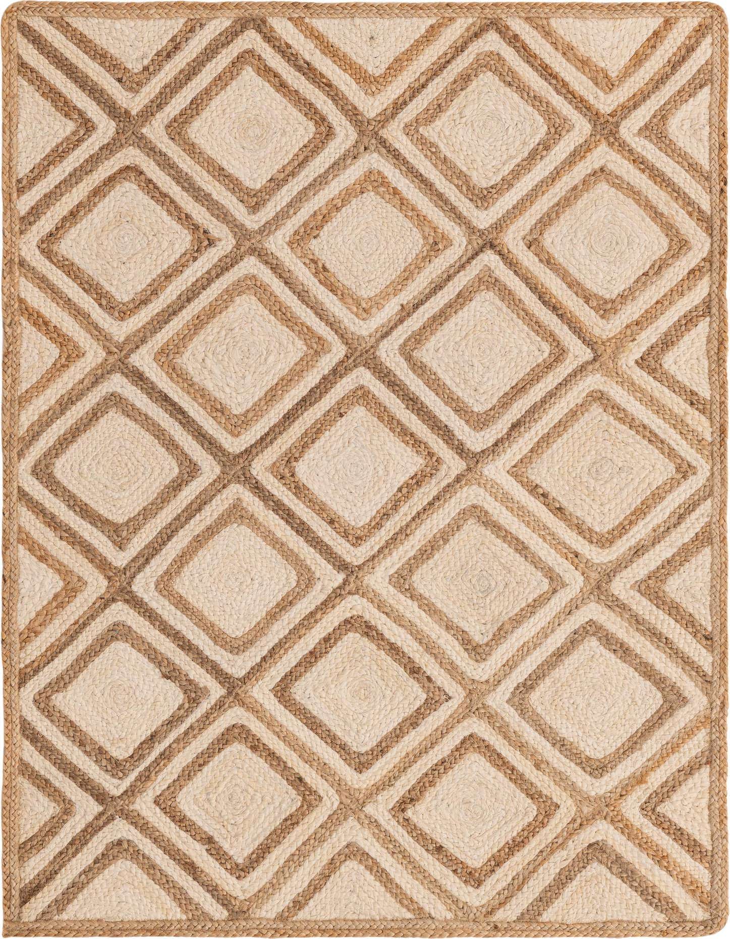A 4x6 rectangular braided jute rug with a natural brown and ivory trellis diamond pattern, ideal for a living room.