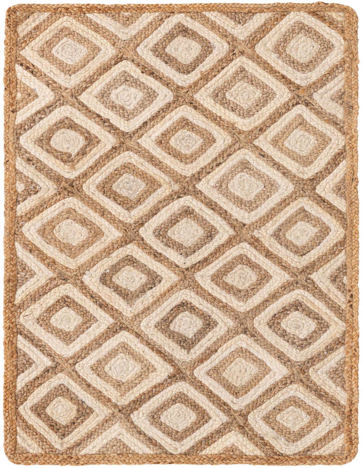 A 3x5 rectangular braided jute rug featuring a natural brown and ivory trellis pattern, perfect for a living room or bedroom.