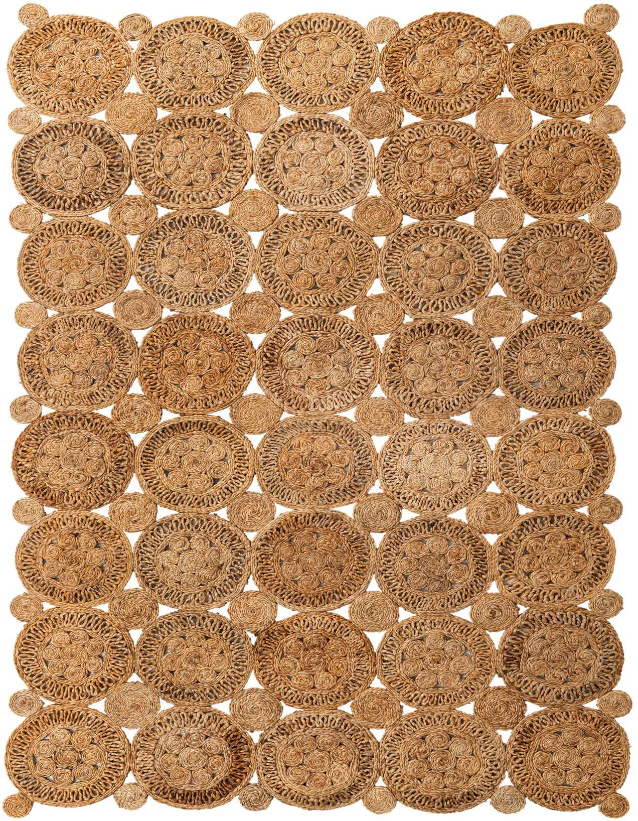 A 5x8 rectangular brown jute rug featuring a tribal pattern of interlocking braided circles on a light background.