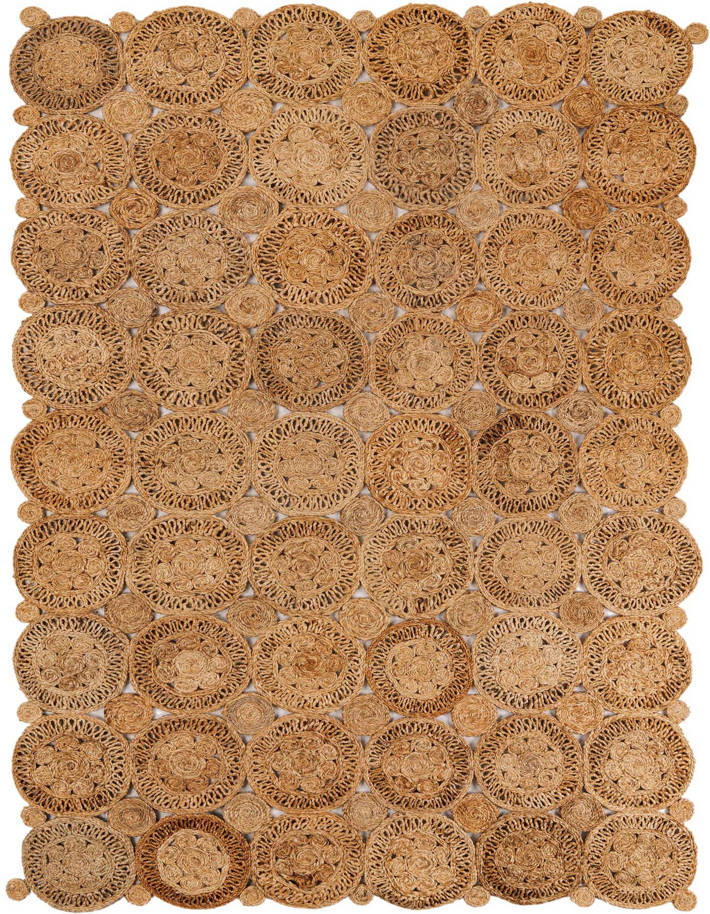 A 6x9 rectangular natural jute rug featuring a tribal pattern of interlocking brown and tan braided circles.