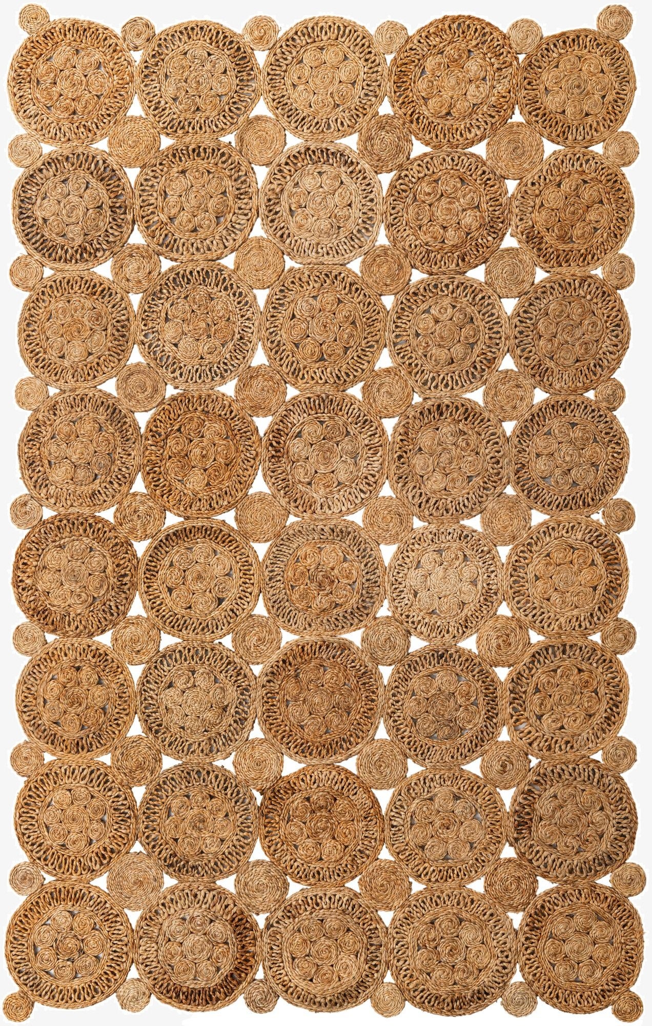 A 5x8 rectangular brown jute rug featuring a tribal pattern of interlocking braided circles on a light background.