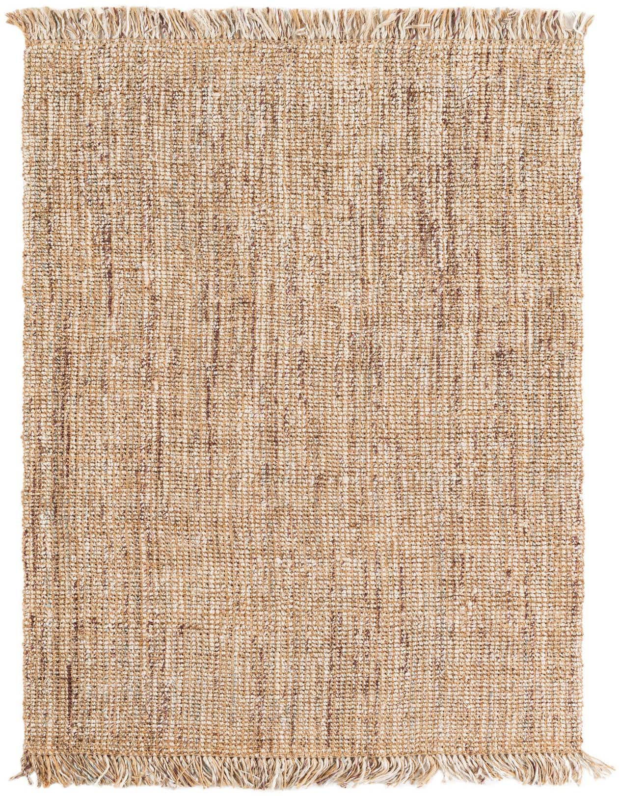 A 5x8 rectangular Chunky Jute rug in natural brown and ivory tones, featuring a textured flatweave and fringed ends.