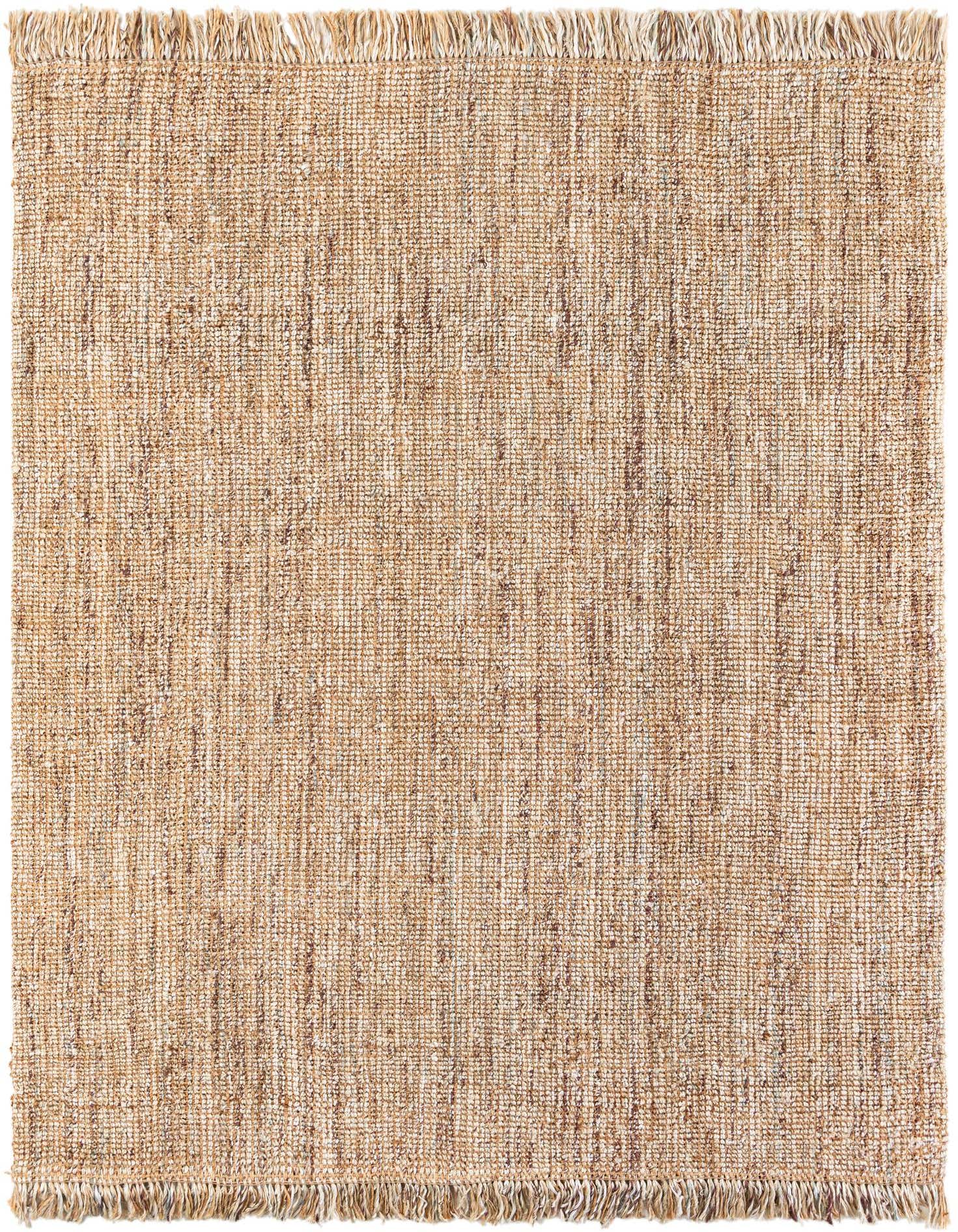 A rectangular 8x10 Chunky Jute rug in varying shades of brown and tan with a textured, natural flatweave and fringed edges.