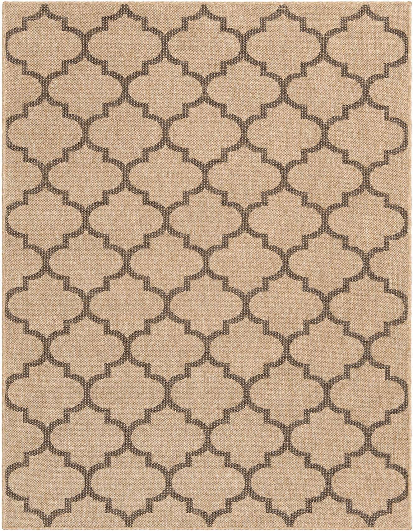 A 5x8 rectangular indoor rug featuring a modern trellis pattern in tan and dark brown, with a flatweave texture.