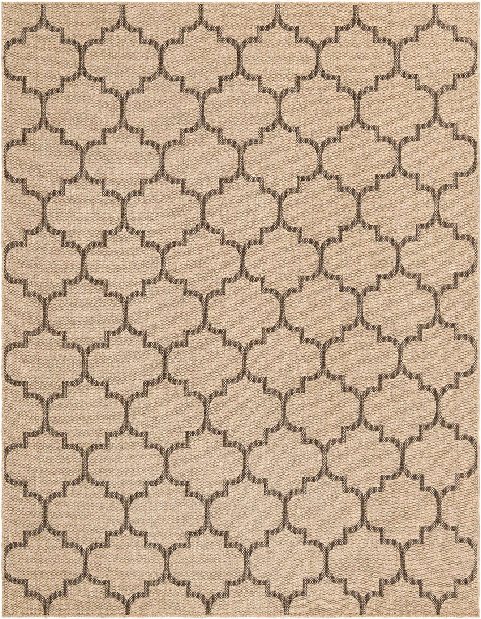 An 8x10 rectangular flatweave rug featuring a modern trellis pattern in tan and dark brown, suitable for a living room.