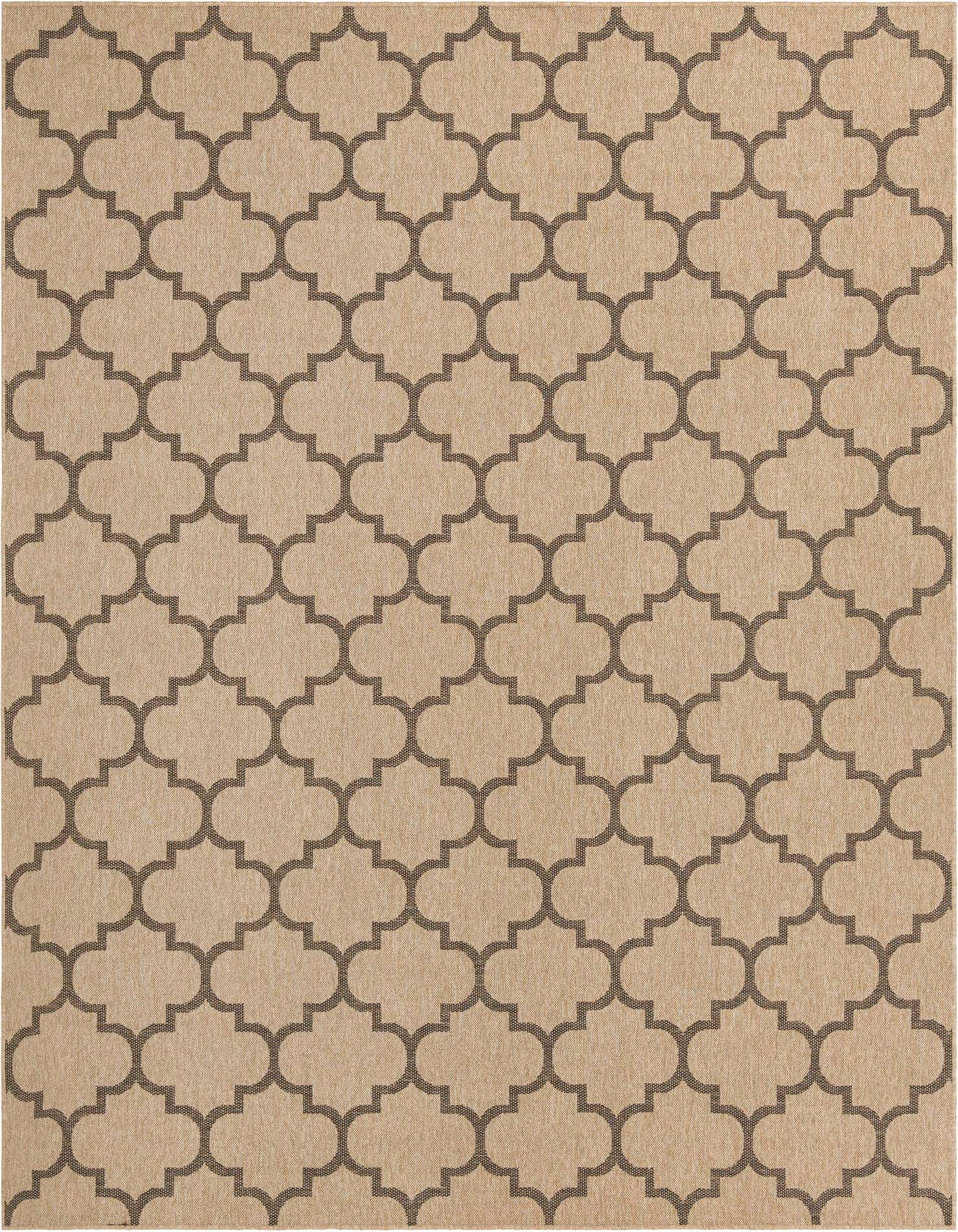 A 9x12 rectangular tan rug with a repeating dark brown modern trellis pattern, suitable for a living room.