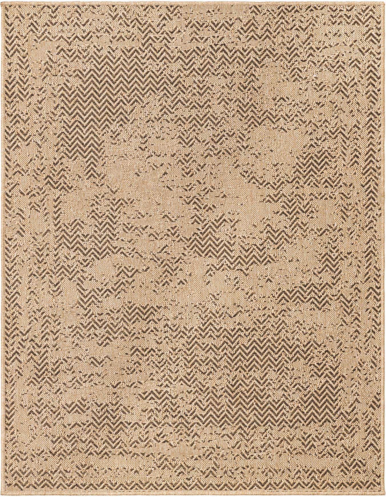 A 4x6 rectangular Rugs.com Dunes rug featuring a distressed modern chevron pattern in shades of brown and tan.