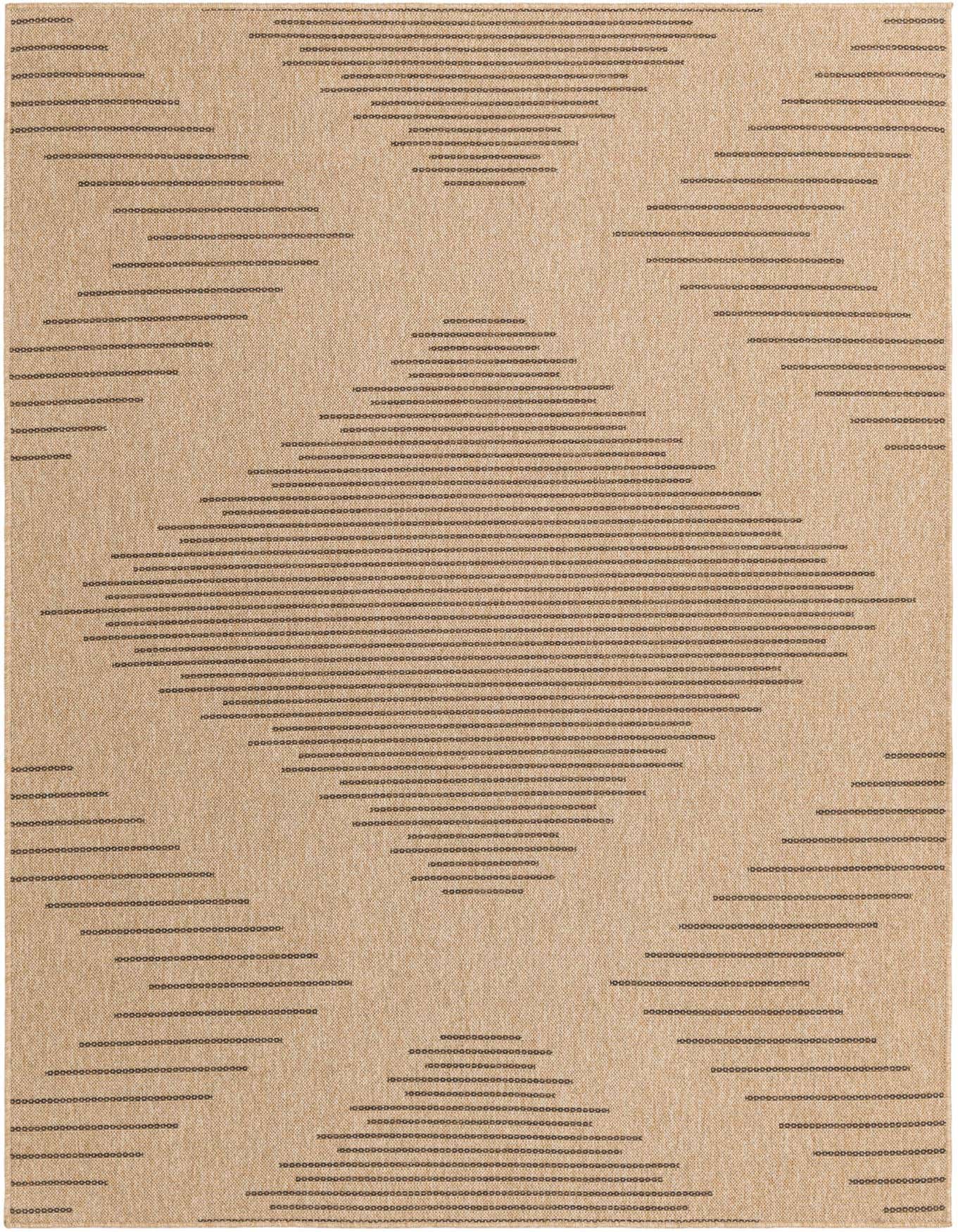 A 6x9 rectangular Dunes collection rug in tan with a modern trellis pattern of dark brown horizontal dashes.
