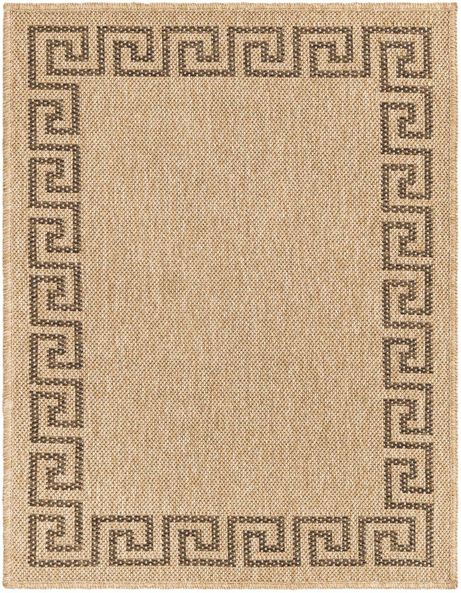 A 2x3 rectangular tan and brown flatweave rug with a dark brown Greek key border pattern, suitable for an entryway.
