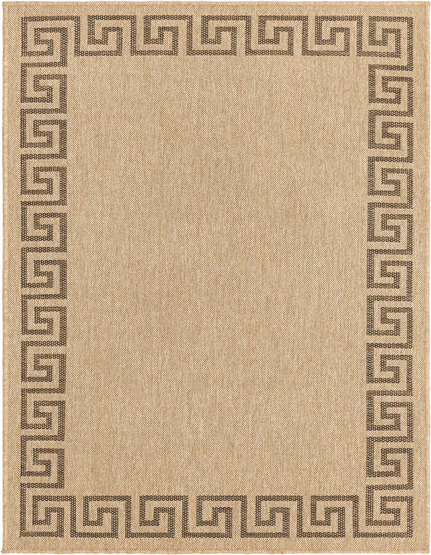 A 4x6 rectangular flatweave rug in a warm tan color with a dark brown Greek key border pattern.