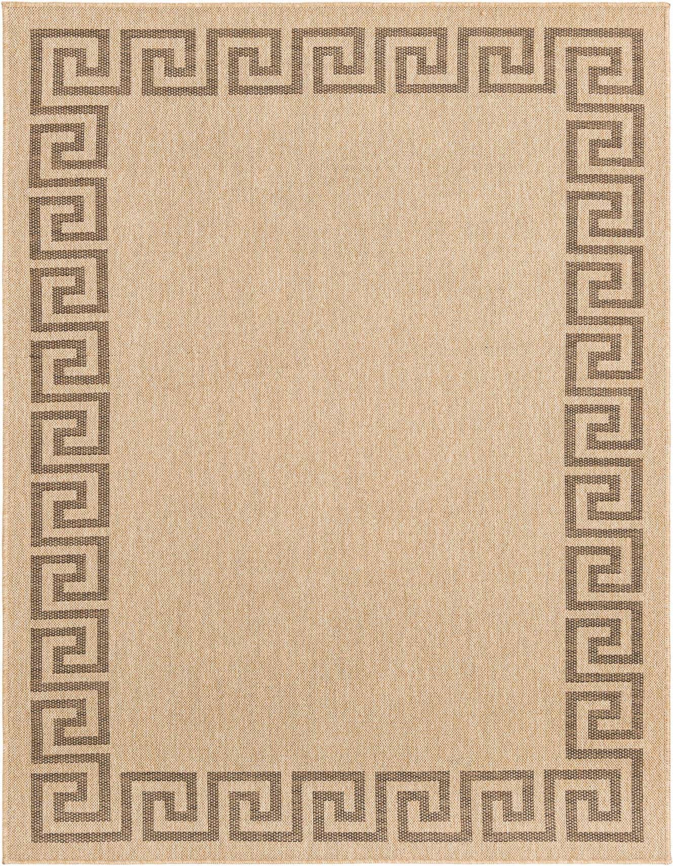 A 5x8 rectangular tan and brown flatweave rug with a Greek key border pattern, suitable for a living room.