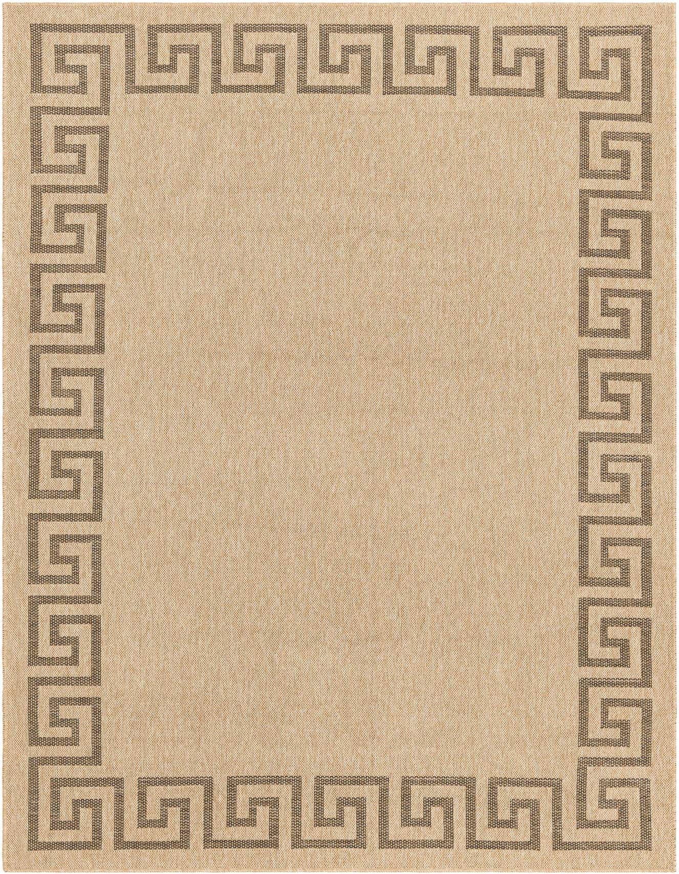 A 6x9 rectangular tan flatweave rug with a dark brown Greek key border pattern, suitable for a living room.