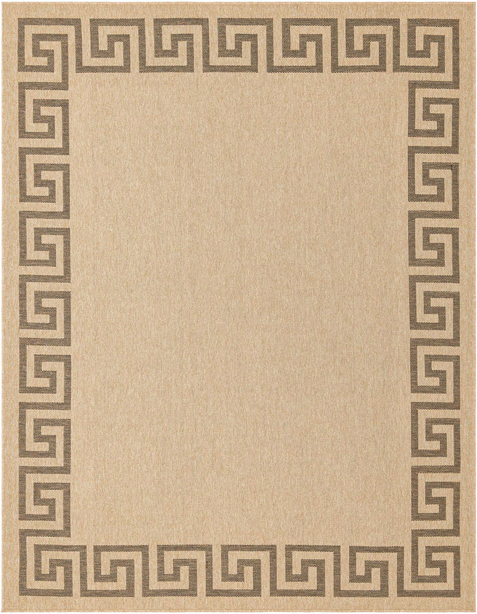 An 8x10 rectangular flatweave rug with a solid tan center and a dark brown Greek key border pattern.