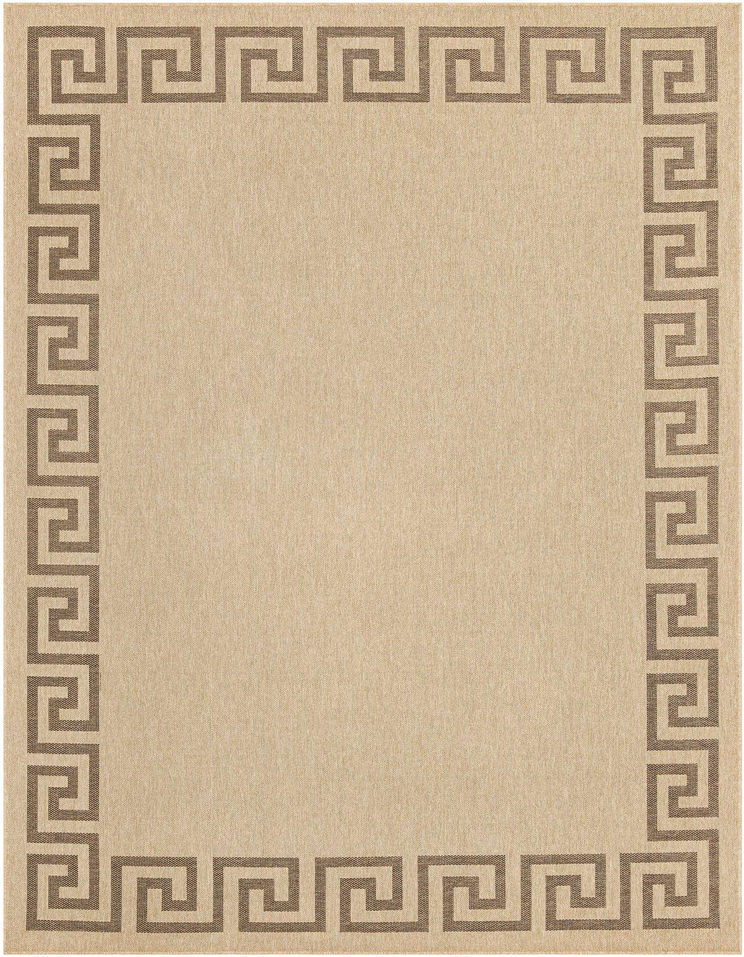 A 9x12 rectangular tan rug with a brown Greek key border, suitable for a living room or dining room.