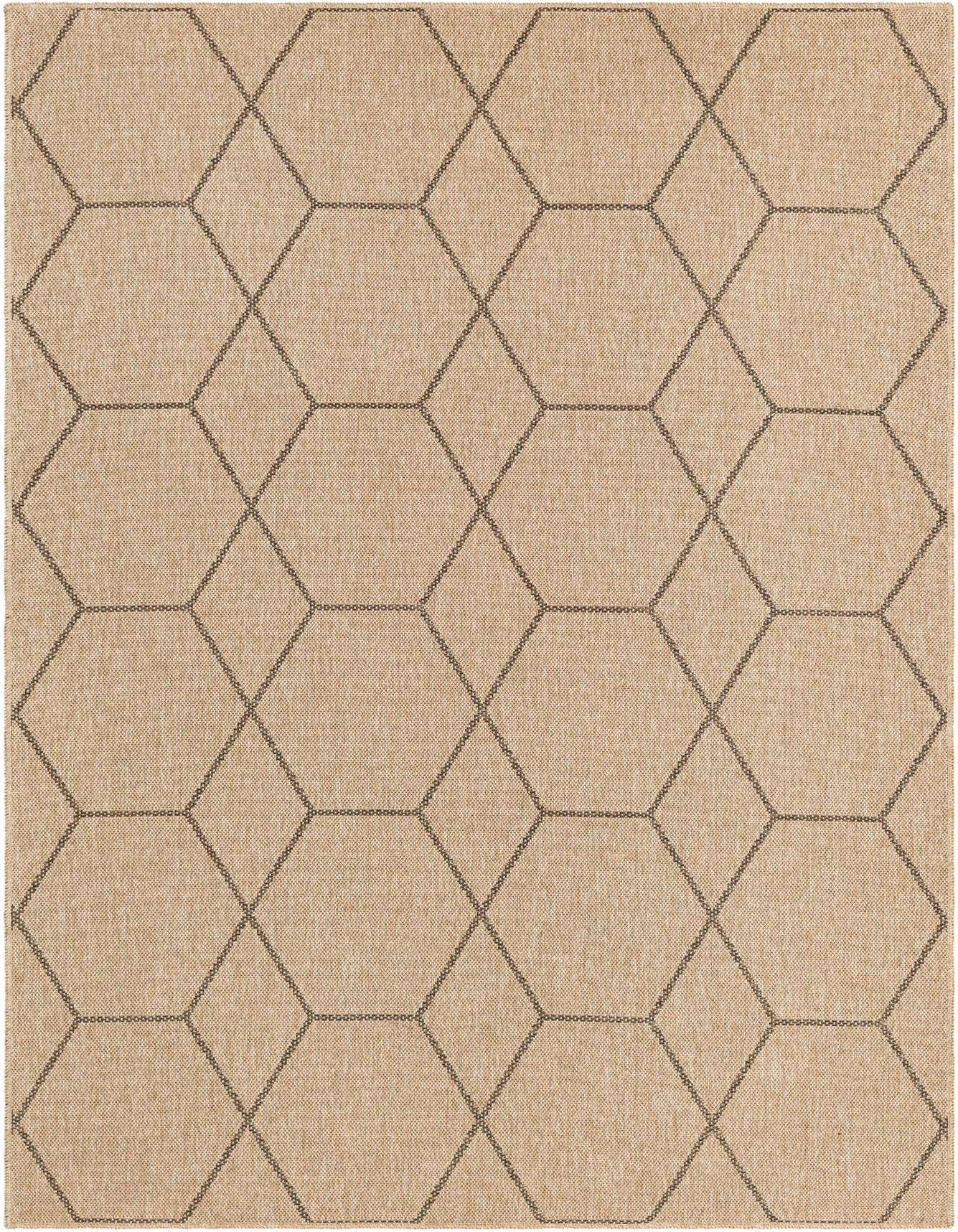 A 5x8 rectangular tan and brown flatweave rug with a modern geometric trellis pattern.