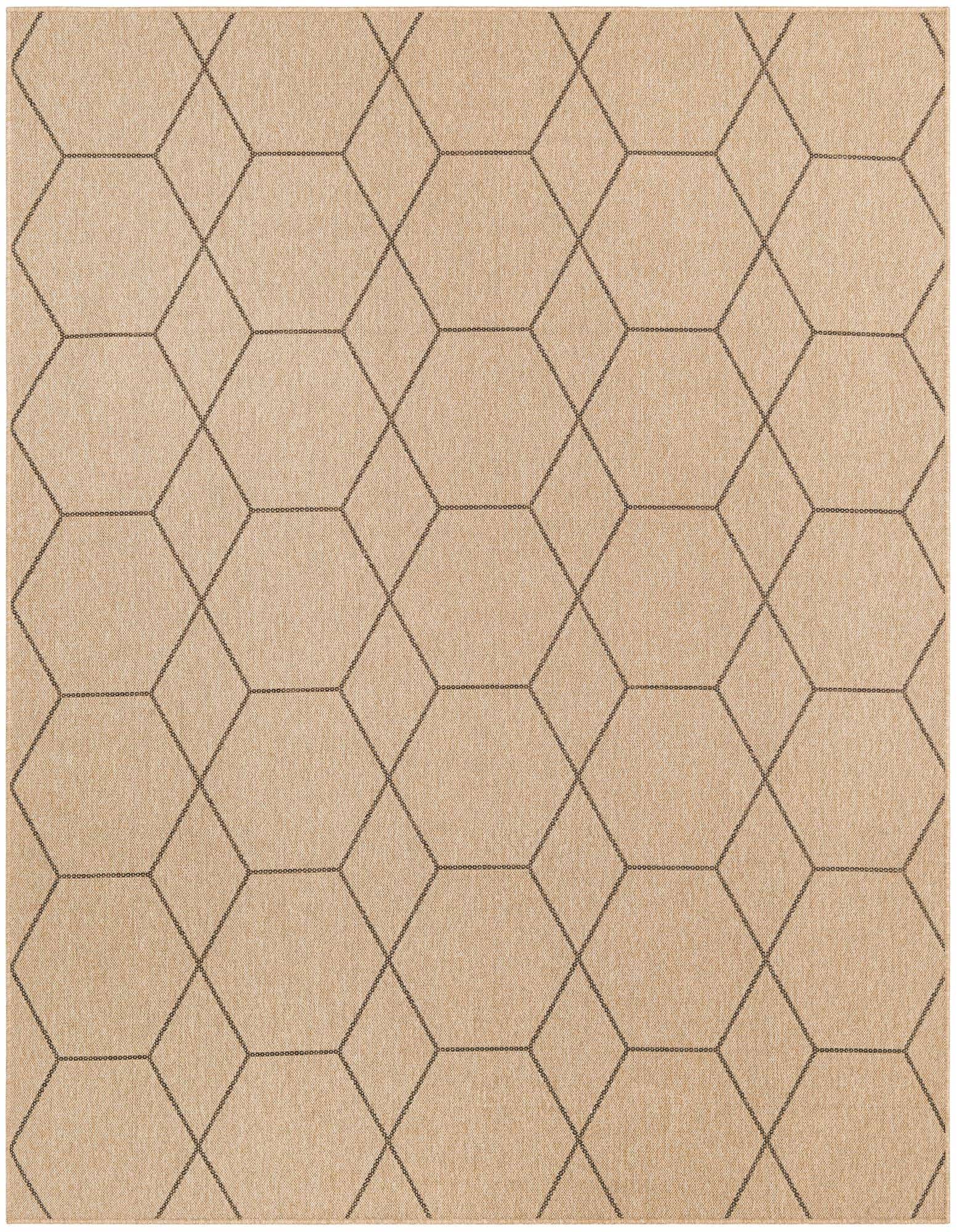 A rectangular 8x10 tan flatweave rug with a repeating dark brown modern trellis pattern, suitable for an office or living room.