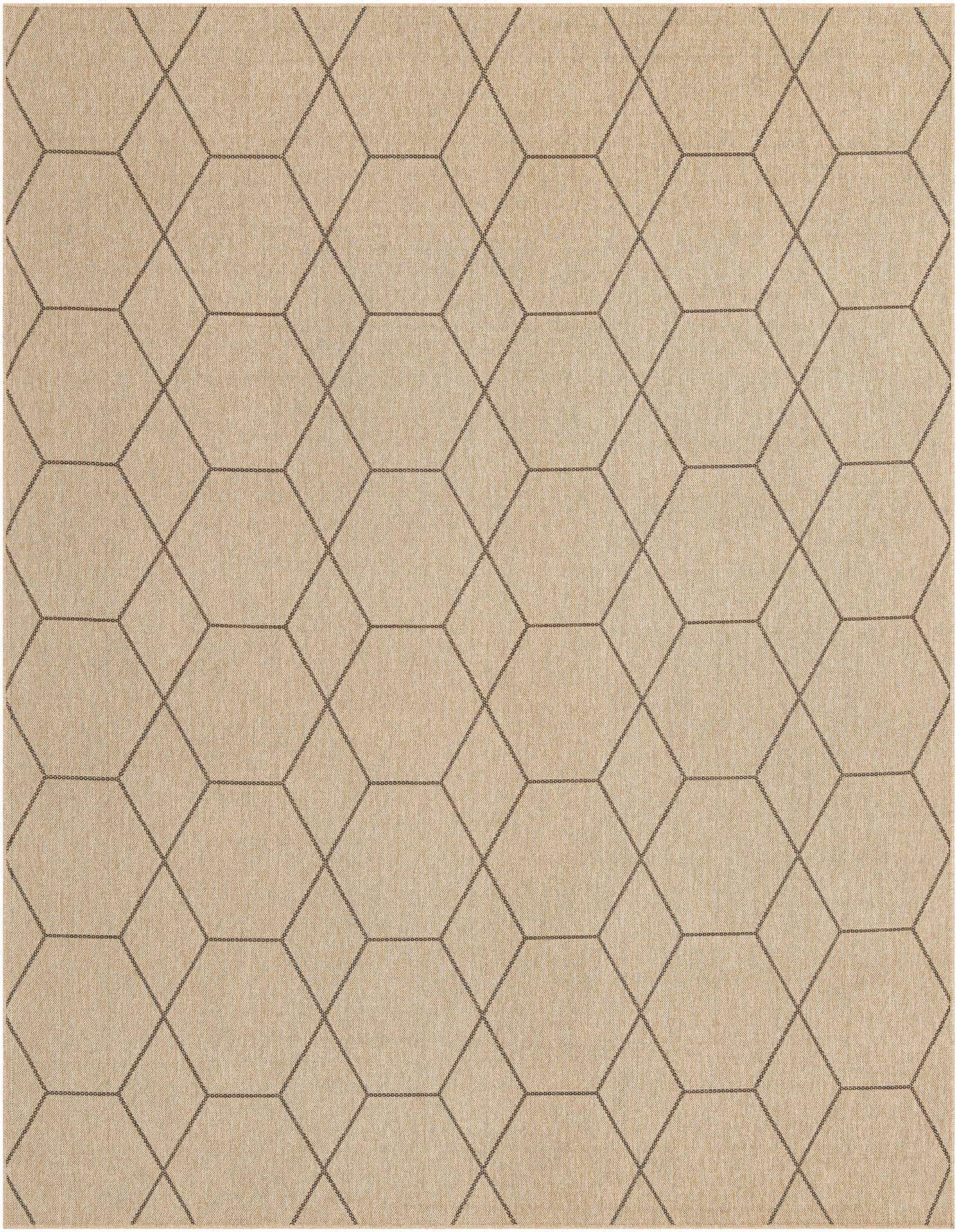A 9x12 rectangular flatweave rug featuring a modern trellis pattern of interconnected hexagons in tan with dark brown outlines.