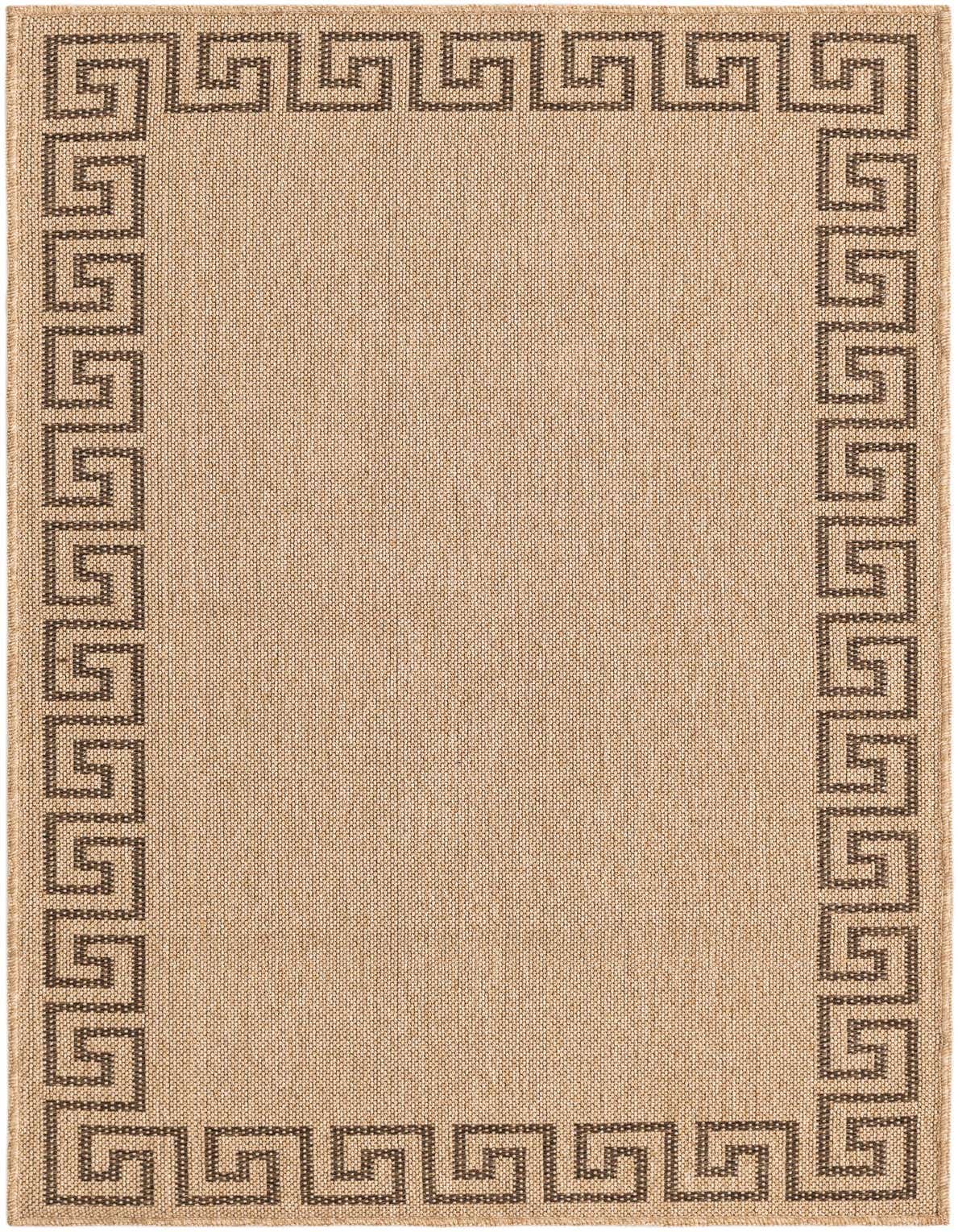 A 3x5 rectangular tan rug with a dark brown Greek key border pattern, suitable for an entryway or kitchen.