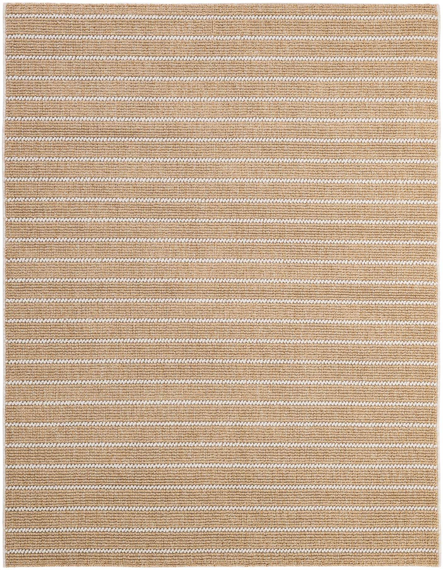A 5x8 rectangular modern area rug featuring horizontal stripes in varying shades of tan and ivory.