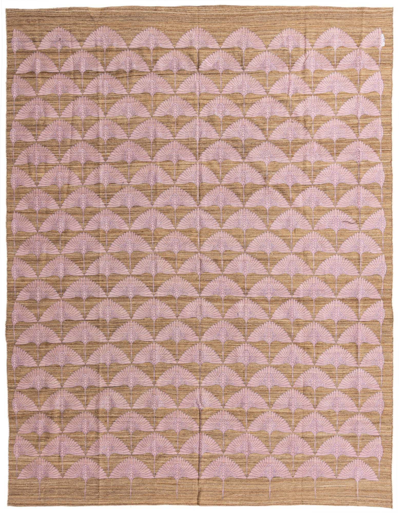 A 9x12 rectangular Kilim Modern wool rug featuring a repeating fan-like tribal pattern in light pinkish-ivory on a woven brown and tan background.