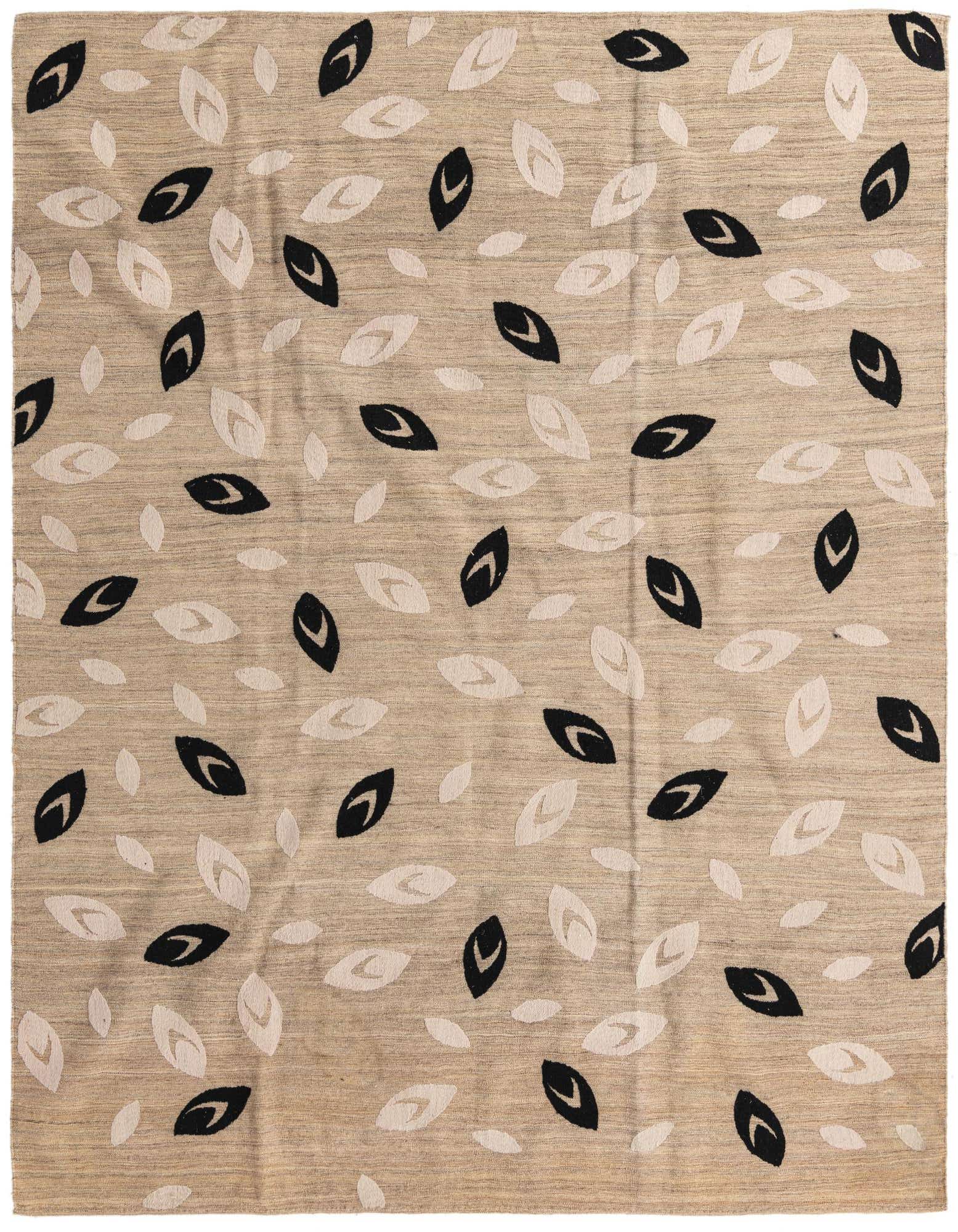 A 6x9 rectangular flatweave rug featuring a modern tribal pattern of scattered ivory and black leaf-like shapes on a light brown background.