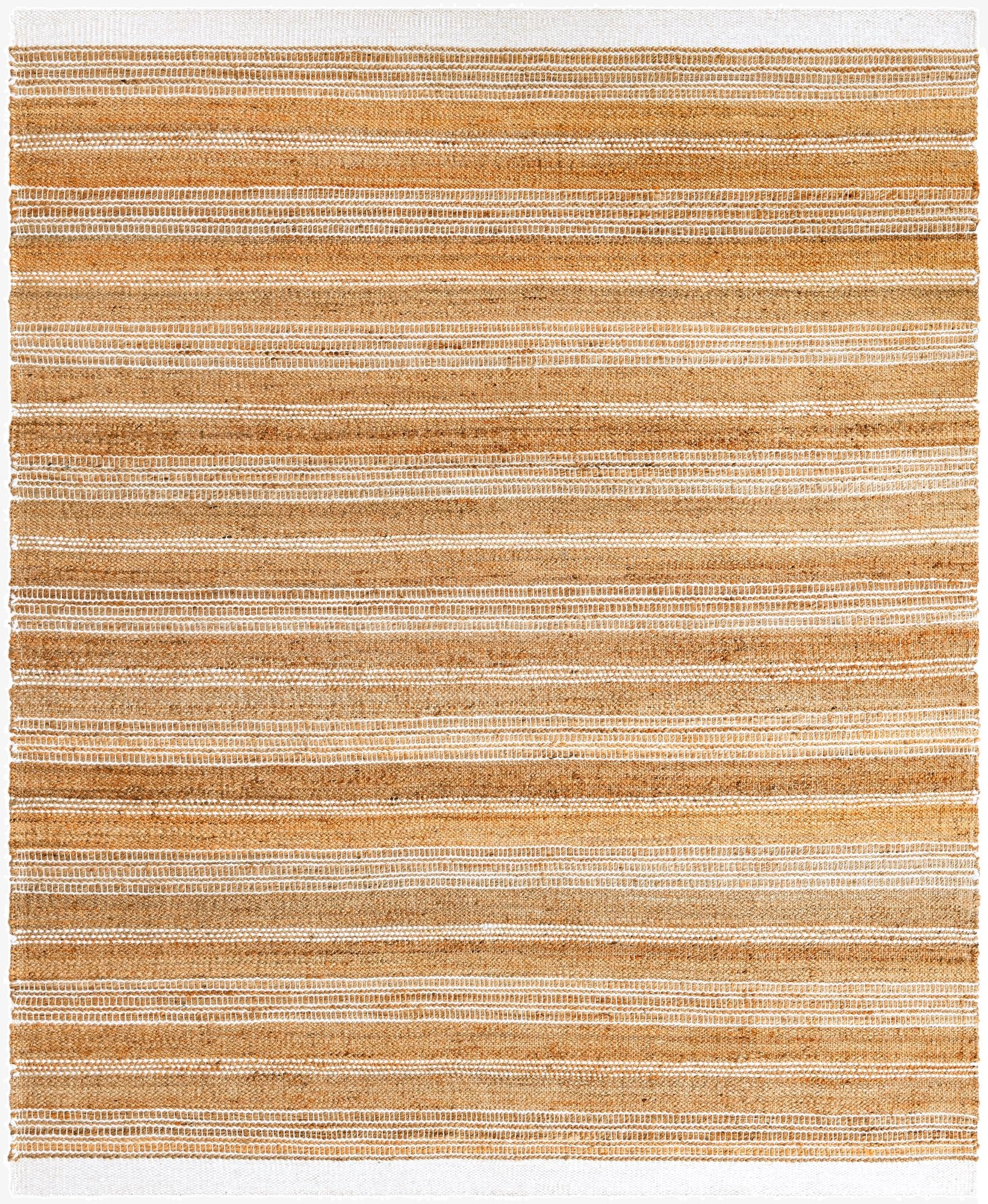 A rectangular 8x10 Lariat rug featuring horizontal stripes of natural brown jute and thin ivory wool, showcasing its coastal modern design.