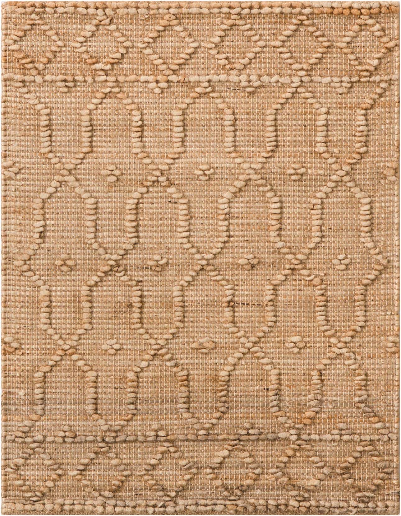 A 2x3 rectangular Larsa Jute rug with a natural brown and ivory trellis pattern, handmade from jute and cotton.