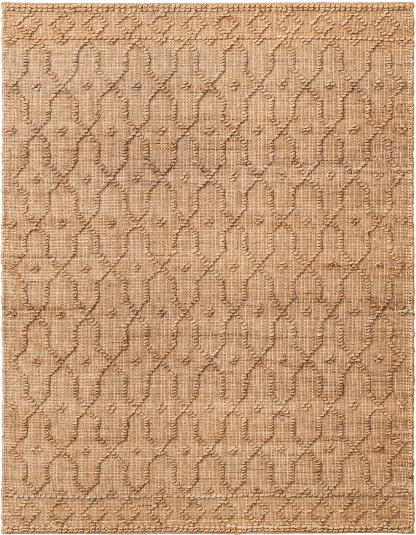 A 4x6 rectangular Larsa Jute rug in natural brown and tan, featuring a raised modern trellis pattern.