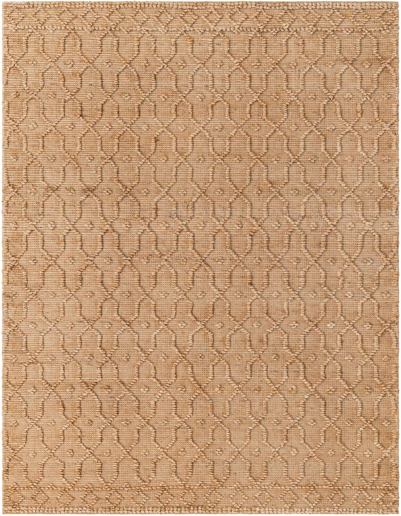 A 5x8 rectangular Larsa Jute rug in natural brown and tan with a raised modern trellis pattern.