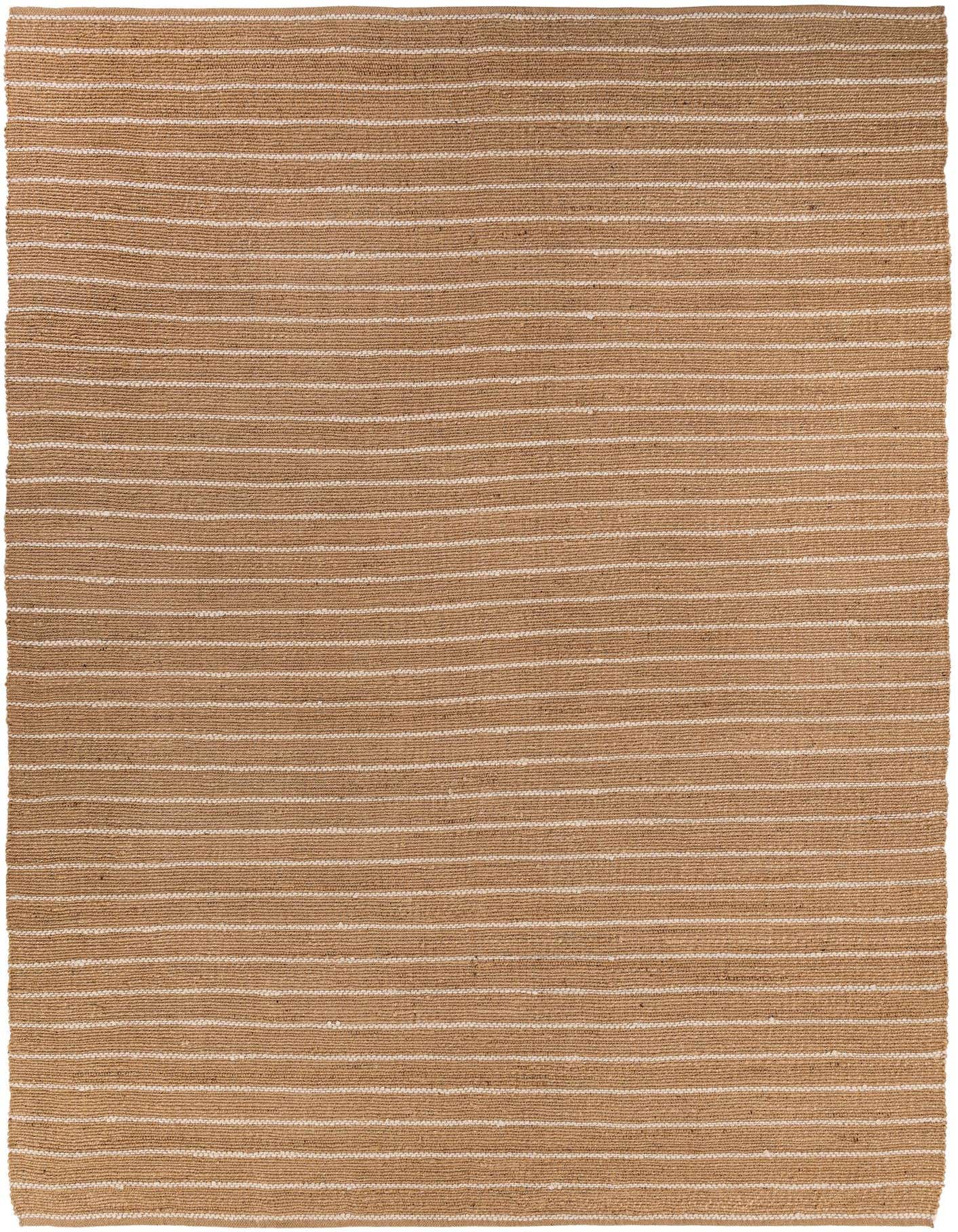 A 10x14 rectangular Laurel Handwoven Jute rug in brown and ivory with horizontal stripes, showcasing its textured, flatweave design.