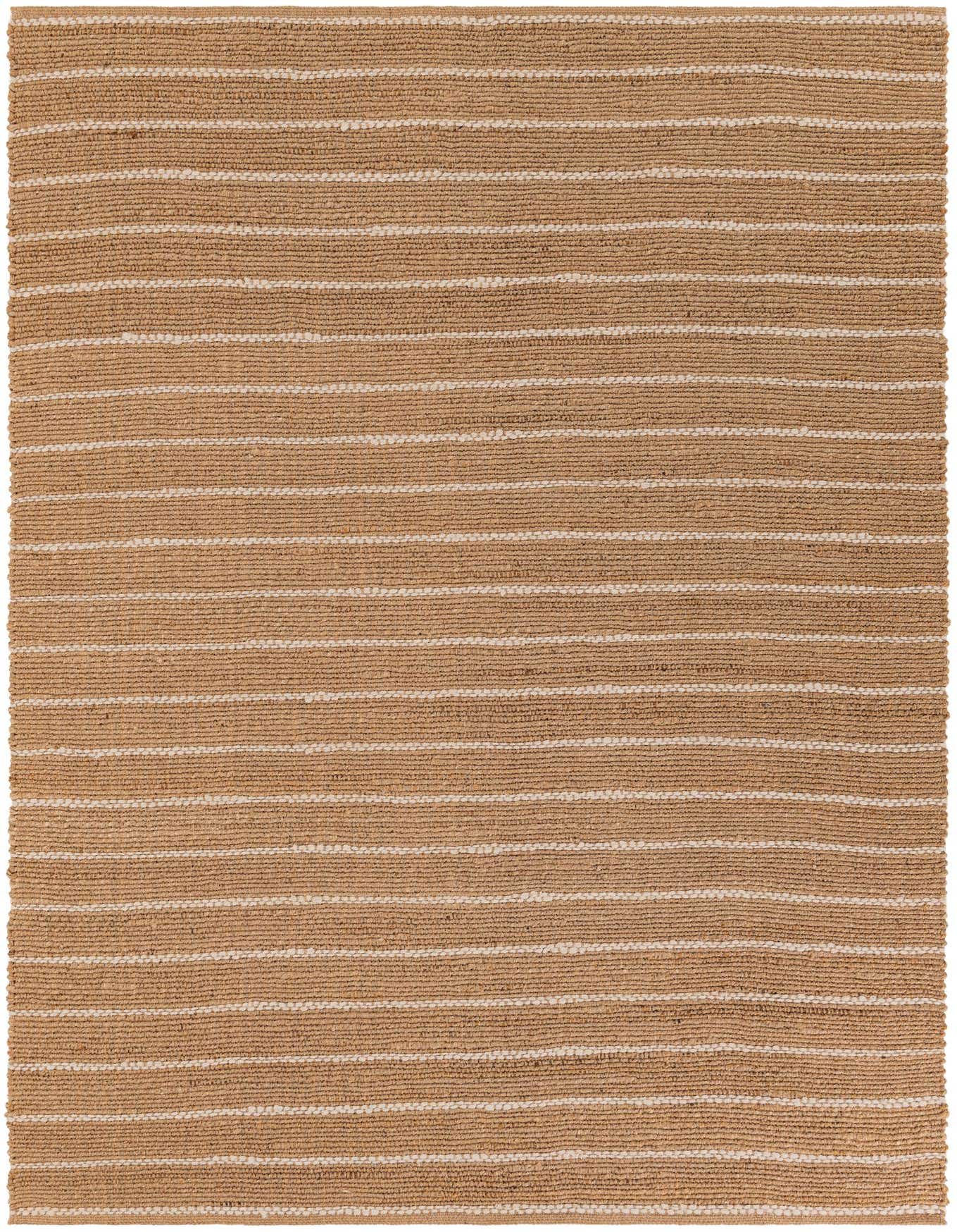 A 6x9 rectangular handwoven jute rug in natural brown with thin ivory horizontal stripes, showcasing its textured flatweave.