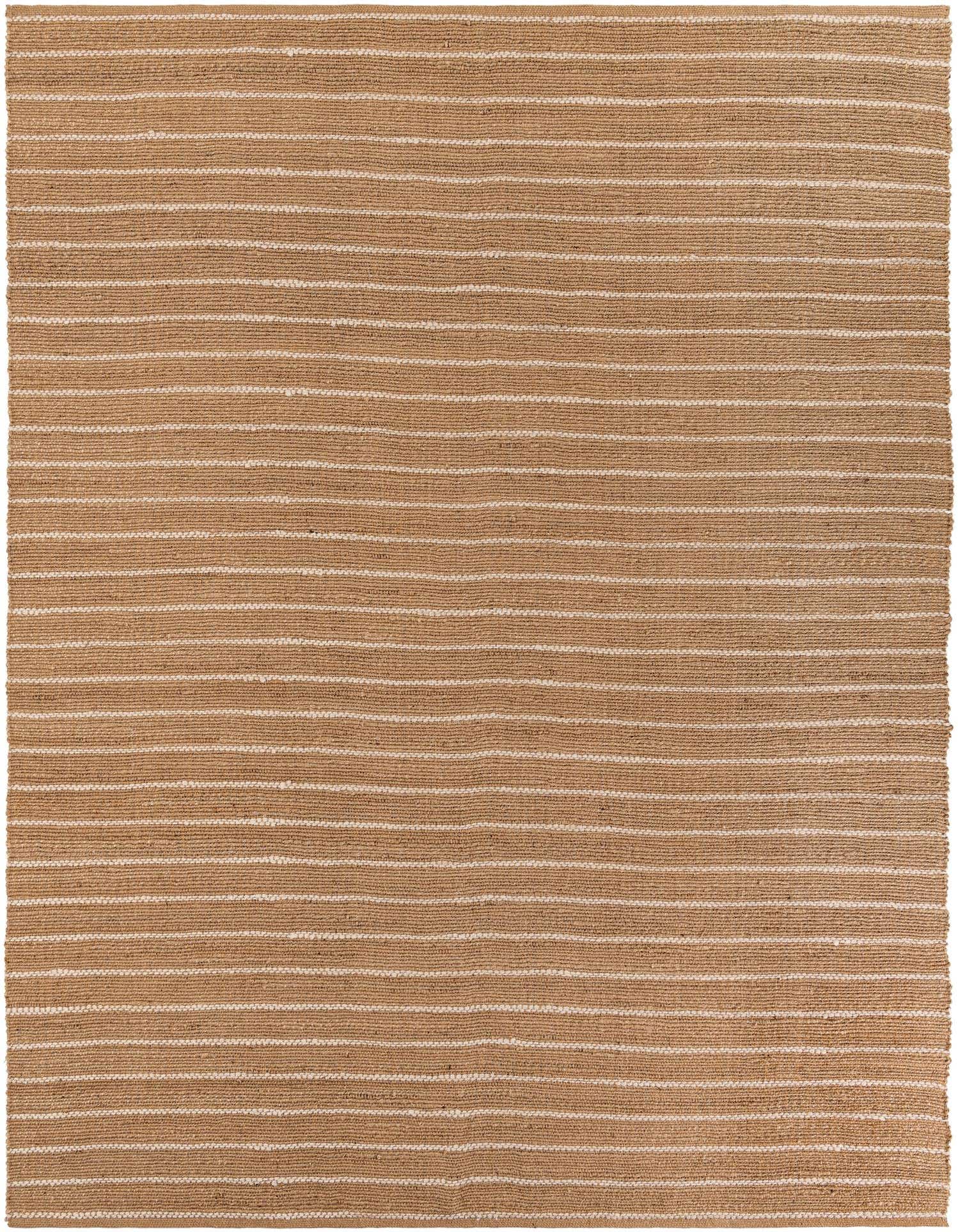 A 9x12 rectangular brown jute rug with thin ivory horizontal stripes, showcasing its flatweave texture.