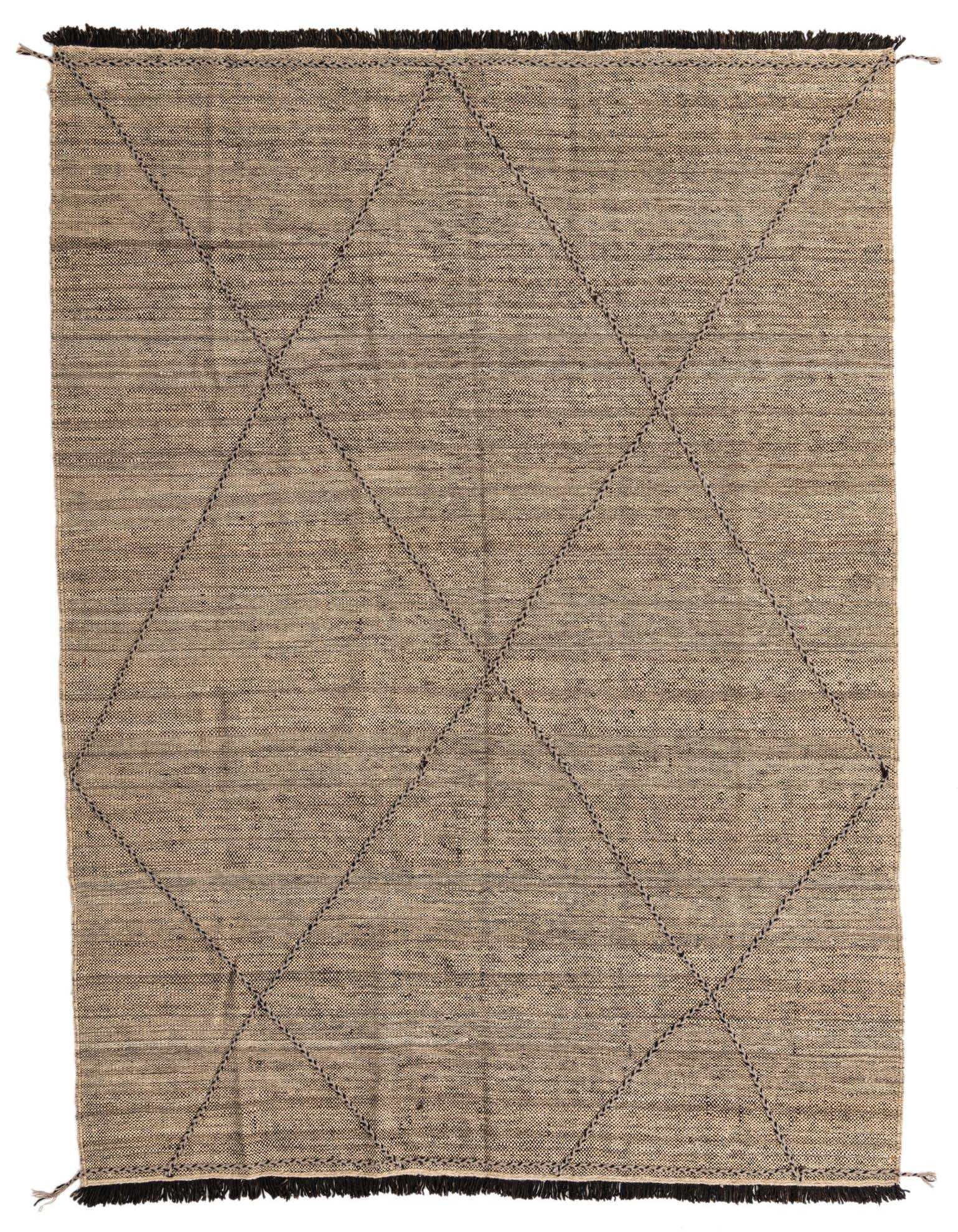 A 7x10 rectangular Moroccan shag rug in natural brown and cream tones with a black tribal diamond pattern.