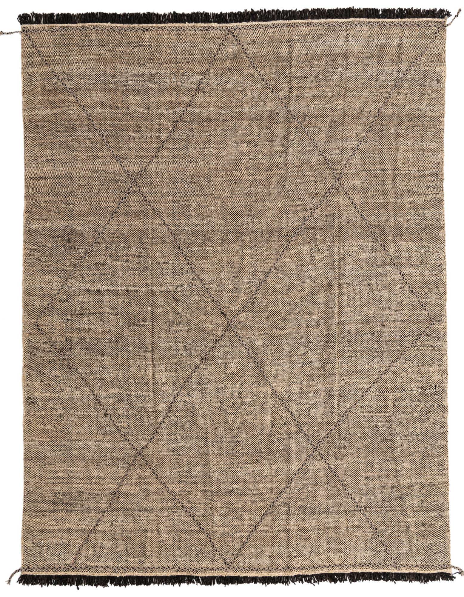 A rectangular 8x10 Moroccan shag rug featuring a tribal diamond pattern in natural brown and cream tones with black fringes.