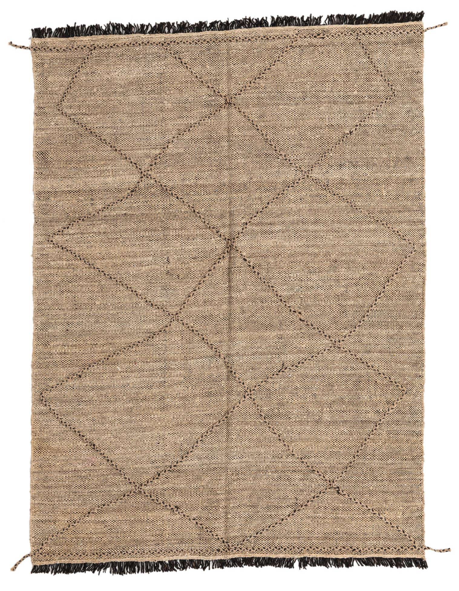 A 6x9 rectangular brown and ivory tribal wool shag rug with a diamond pattern and dark fringed ends.