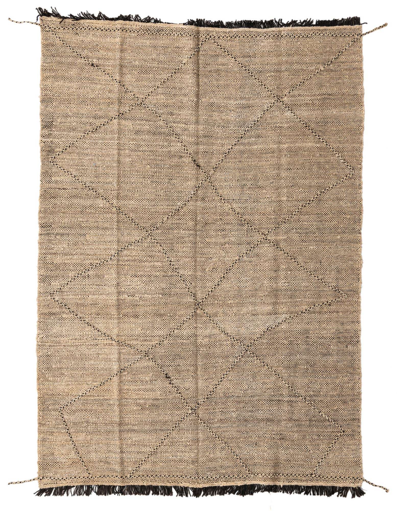 A 5x8 rectangular brown and ivory wool shag rug with a tribal diamond pattern and dark fringe.