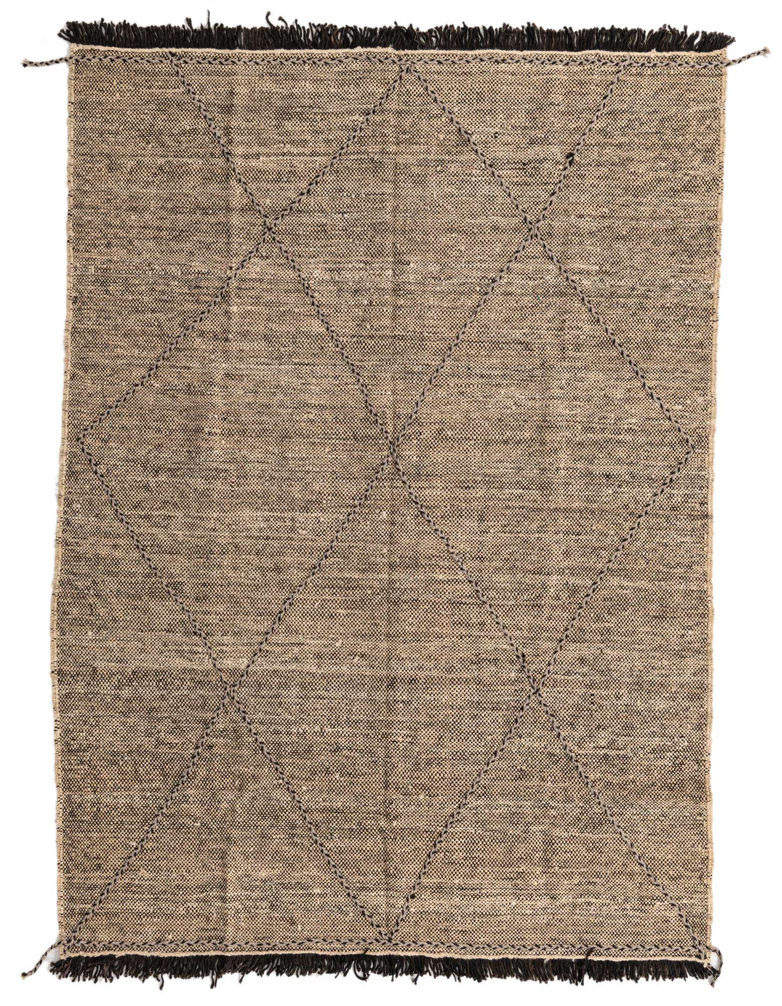 A 6x9 rectangular brown and ivory tribal wool shag rug with a diamond pattern and dark fringed edges.