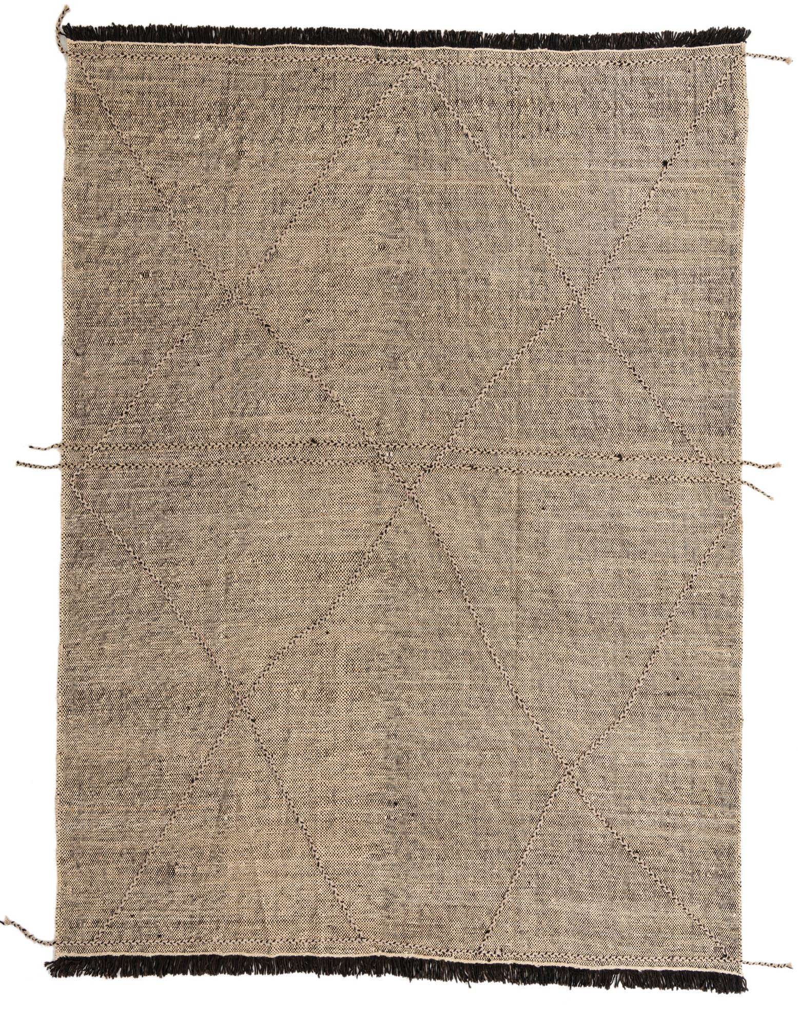 A rectangular 8x10 brown and ivory tribal wool shag rug with a modern geometric diamond pattern.