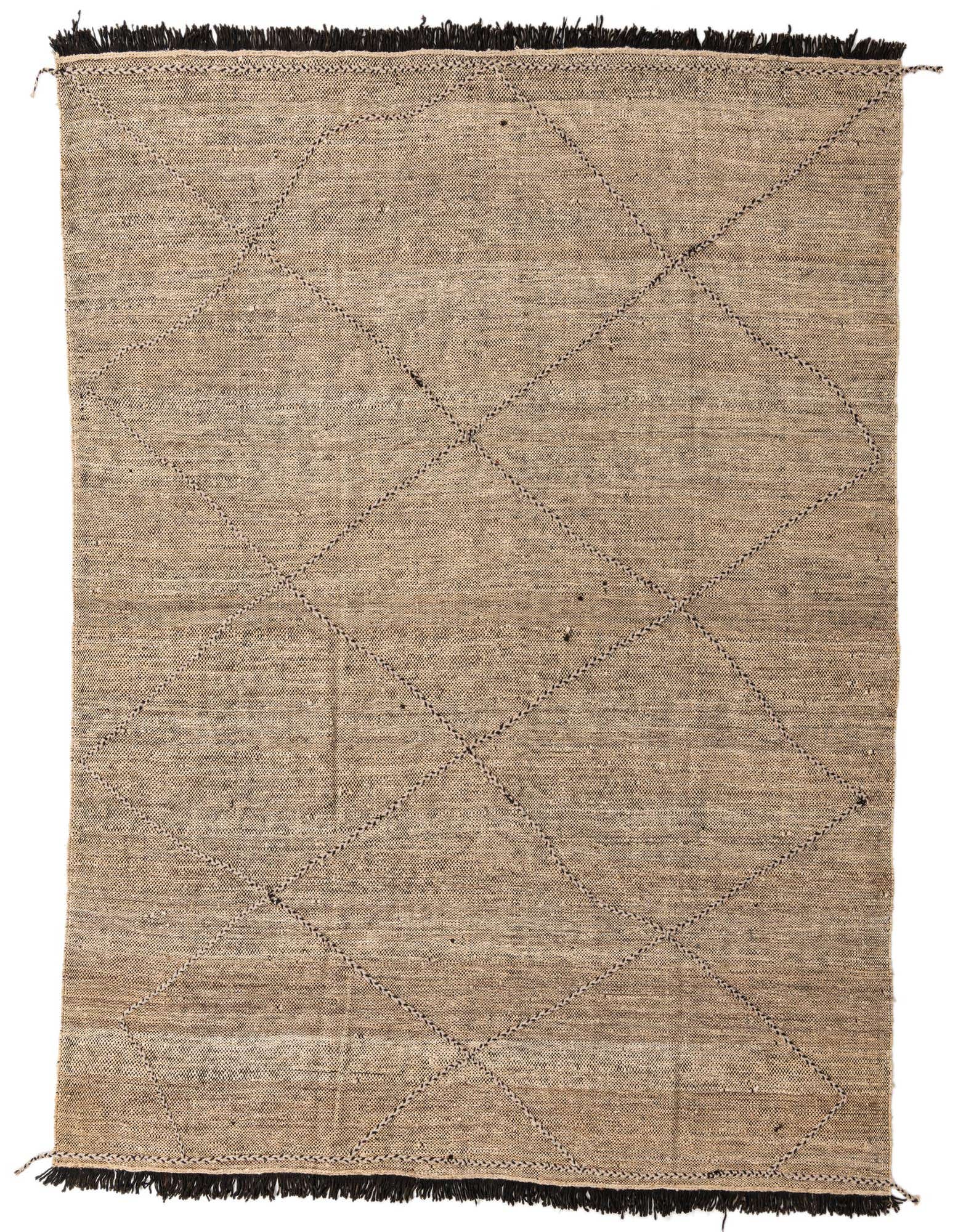 An 8x10 rectangular brown and ivory wool shag rug with a tribal diamond pattern and dark fringe.