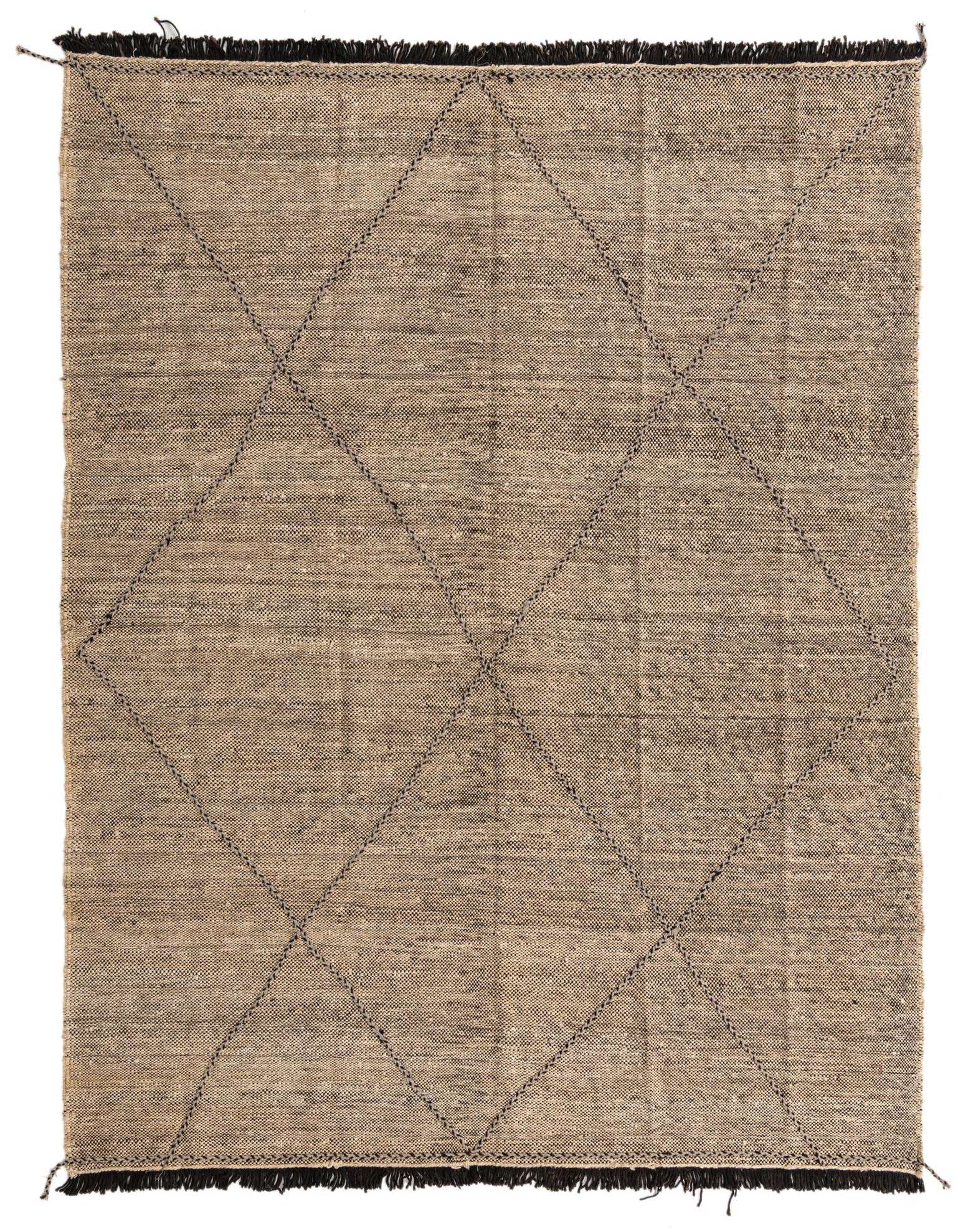 A 7x10 rectangular brown and ivory wool shag rug with a tribal diamond pattern and dark fringed ends.