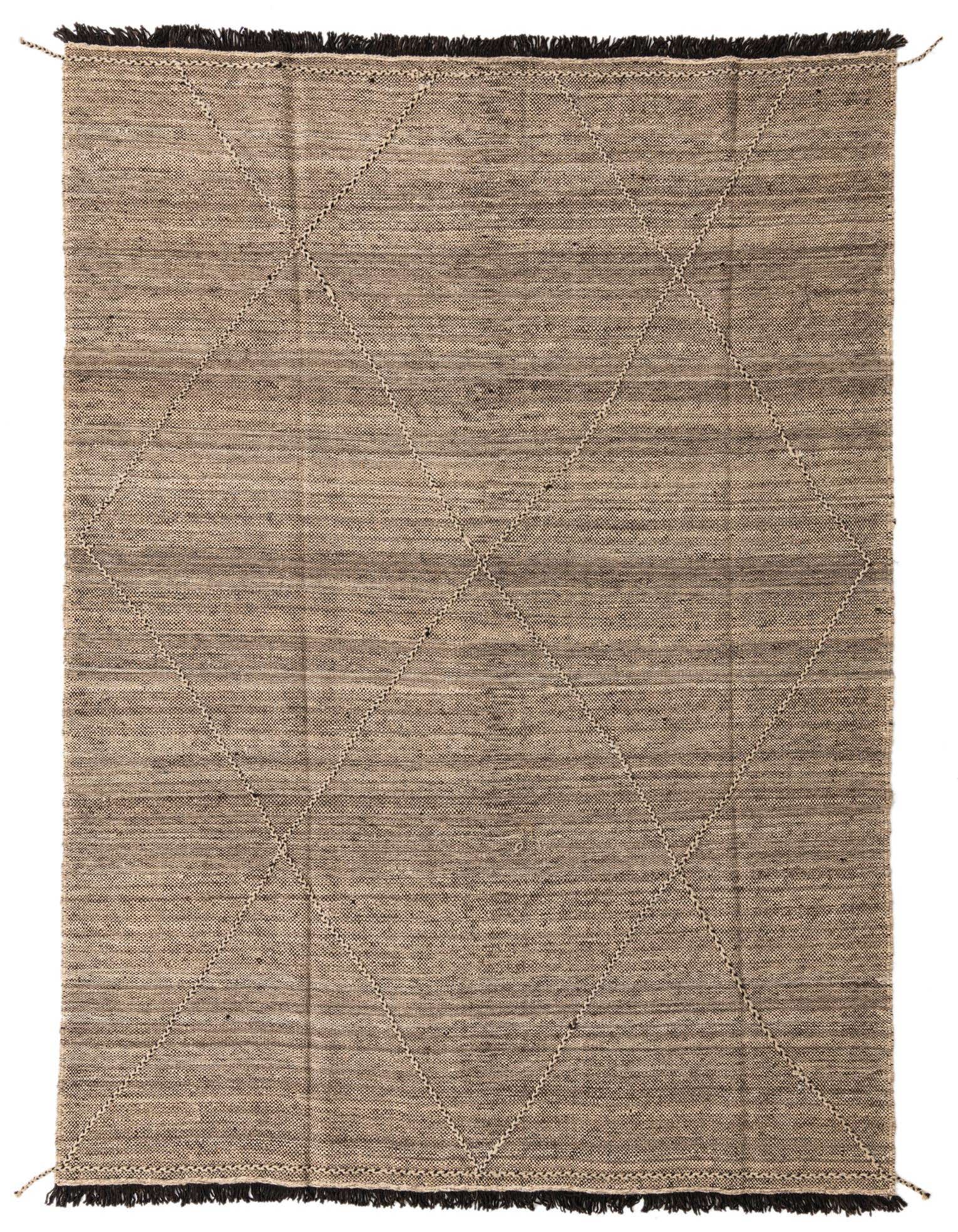 A 7x10 rectangular Moroccan shag rug in varying shades of brown and tan, featuring a subtle diamond pattern.