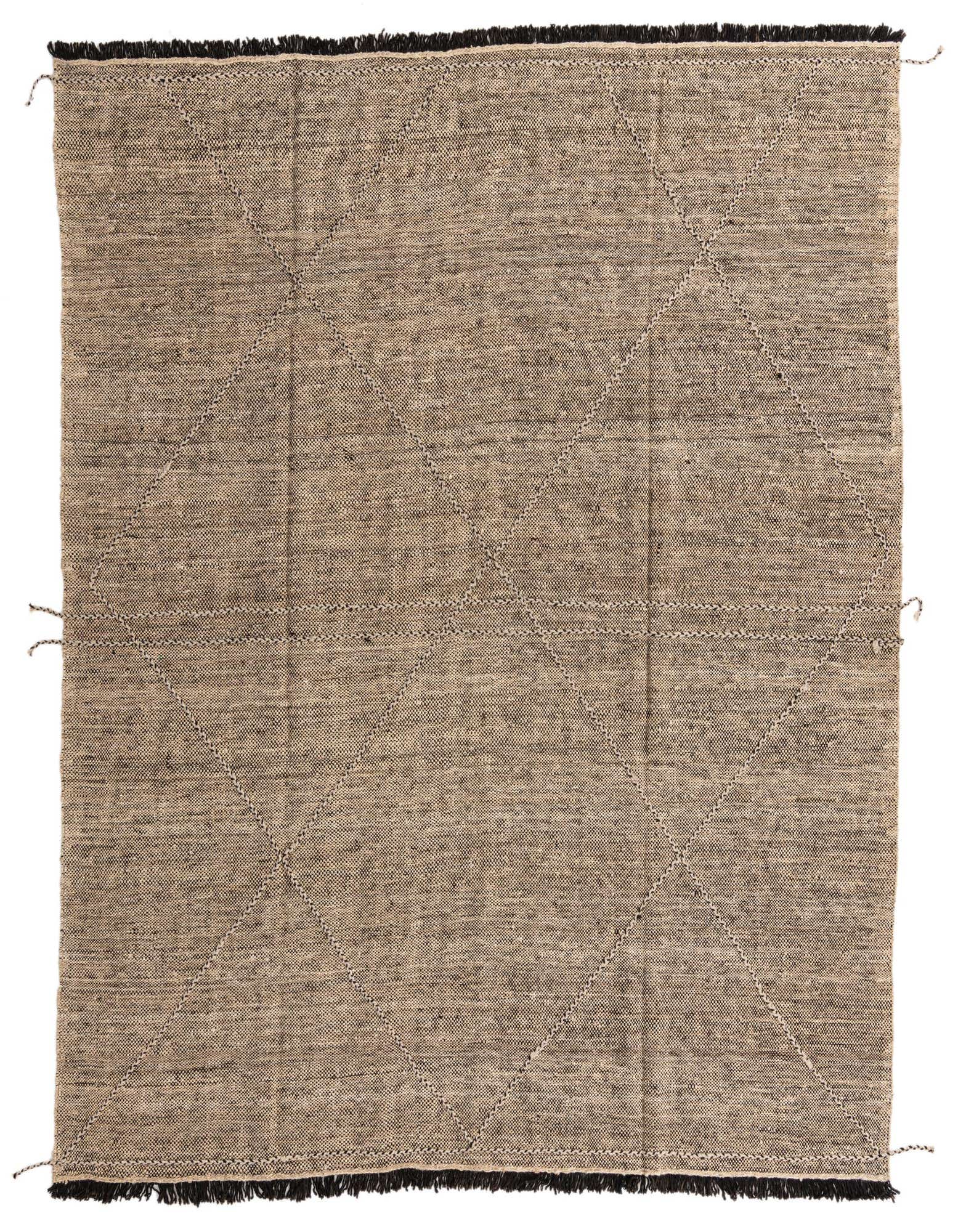 A rectangular 8x10 brown and ivory wool shag rug with a subtle tribal diamond pattern, perfect for a modern living room.